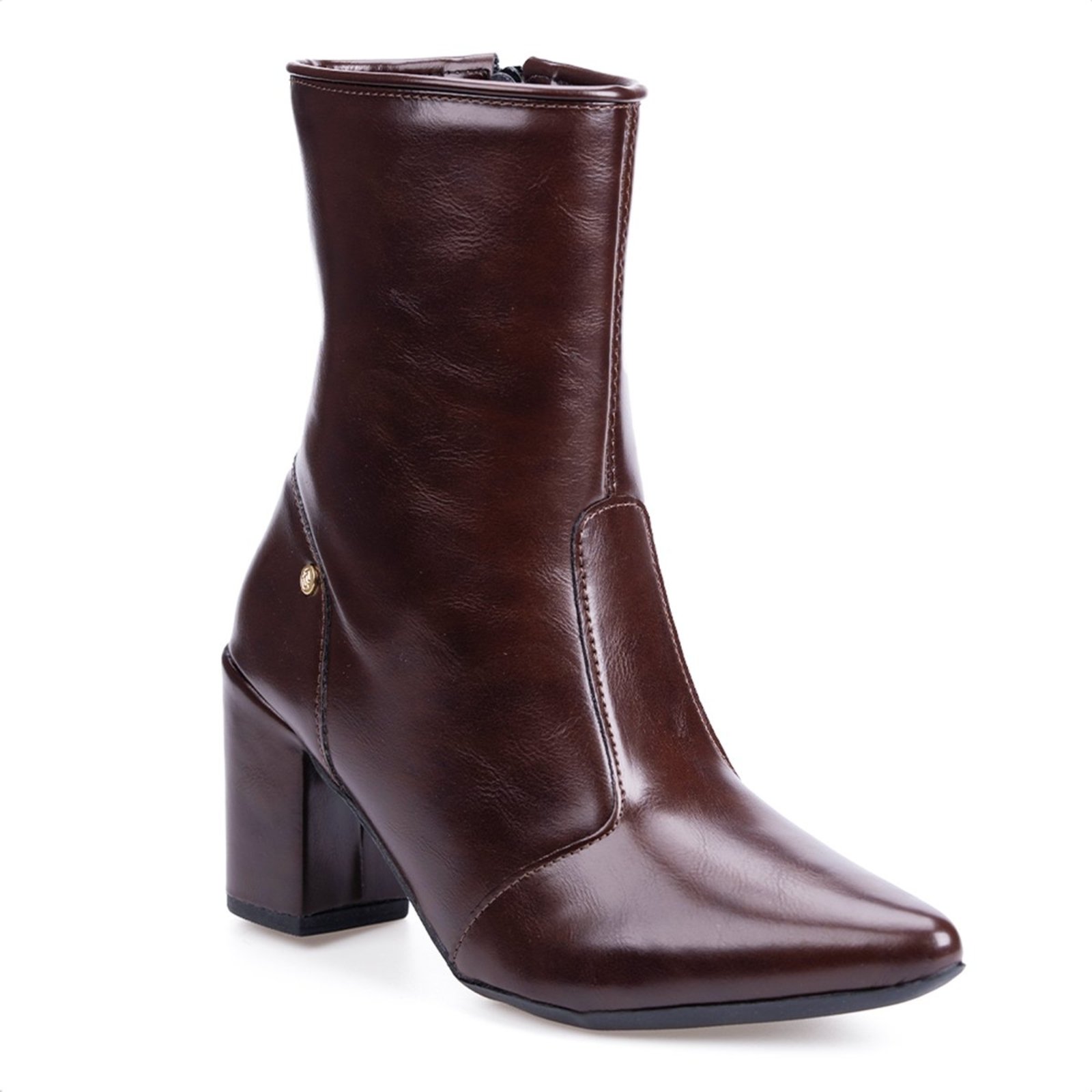 Bota Social Domidona Feminina Cano Curto Marrom Salto Alto Bloco Bico Fino