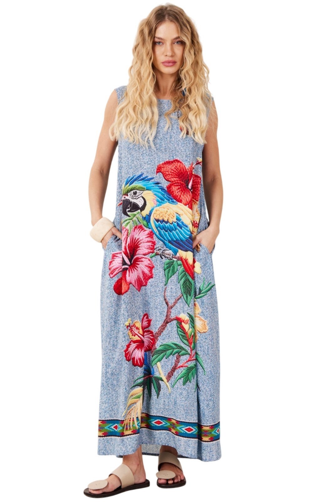 Vestido Longo Regata Azul Estampa Arara Yacamim C7 – Estampado