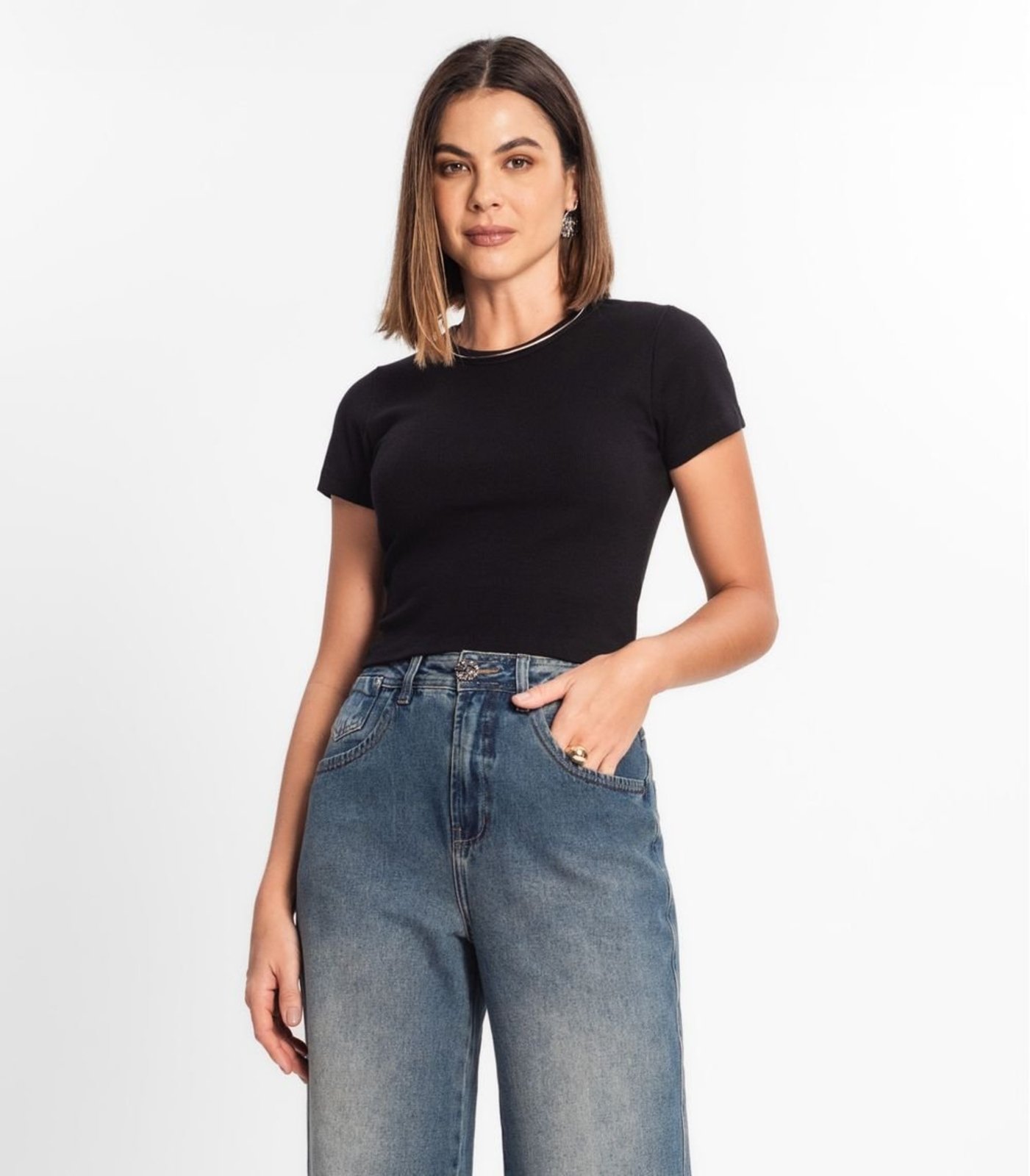 Vista 3 Blusa Cropped Ribana Básica Rovitex Rovitex Básicos branco Rovitex Básicos branco