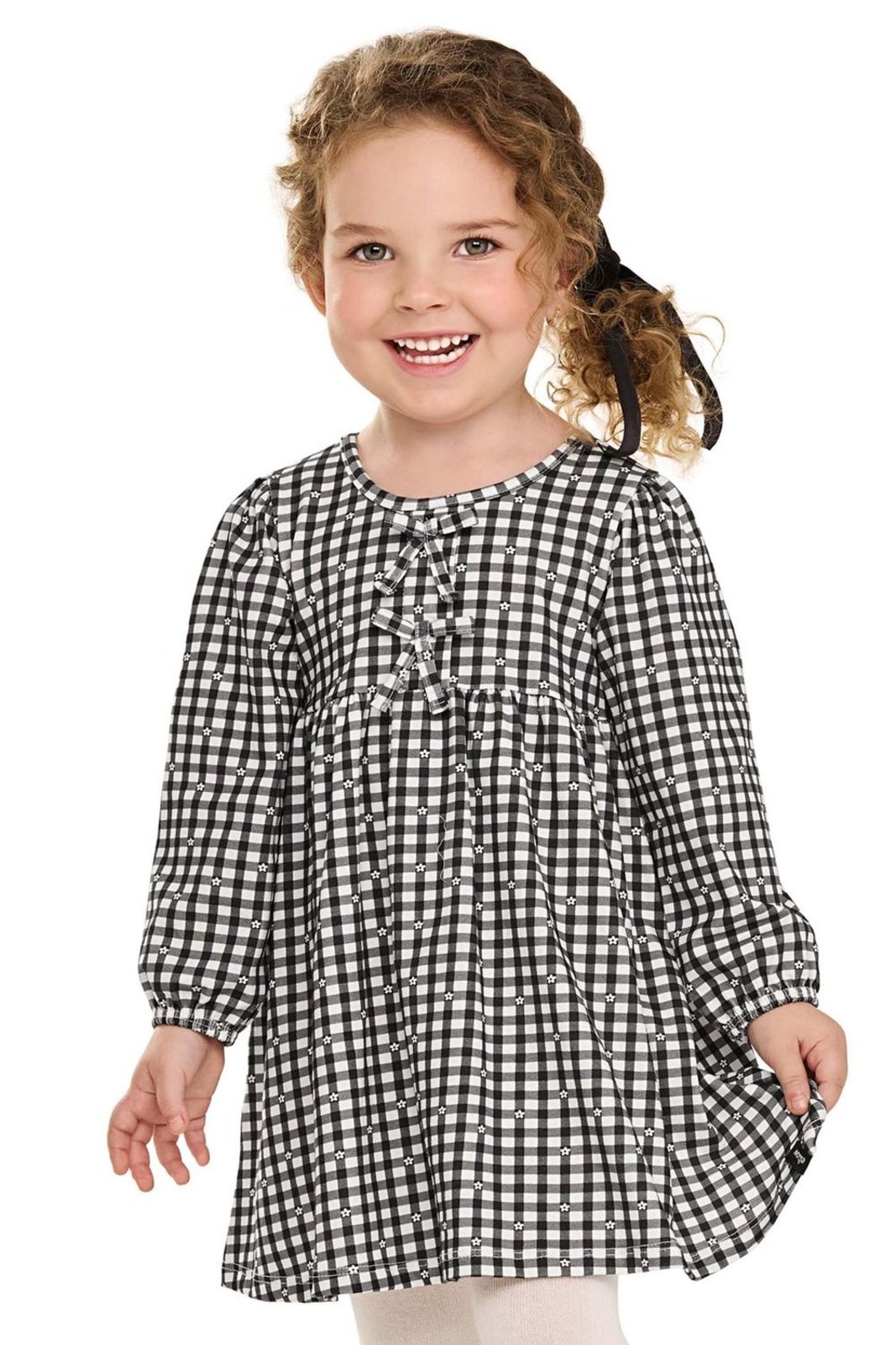 Infantil - Vestido Manga Longa Menina Xadrez Elian Preto
