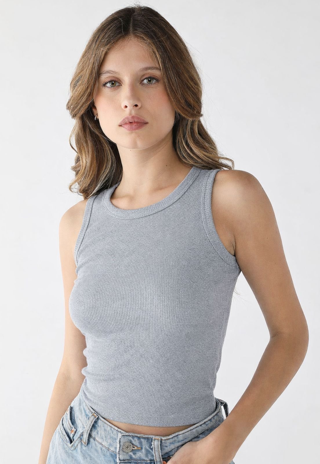 Blusa Feminina Básica 77VS Levosch Regata Ribana Algodão Premium Cinza mescla