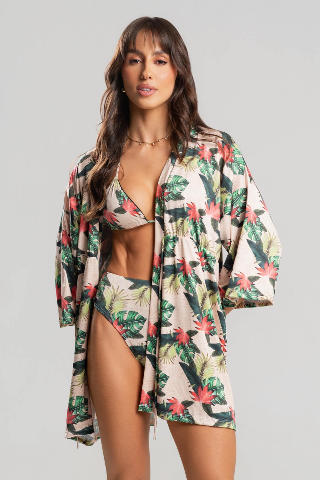Vista 2 Saida de Praia Kimono Vicbela Curto Manga Longa Camisão De Amarrar Proteção UV branco/estampado Vicbela branco/estampado