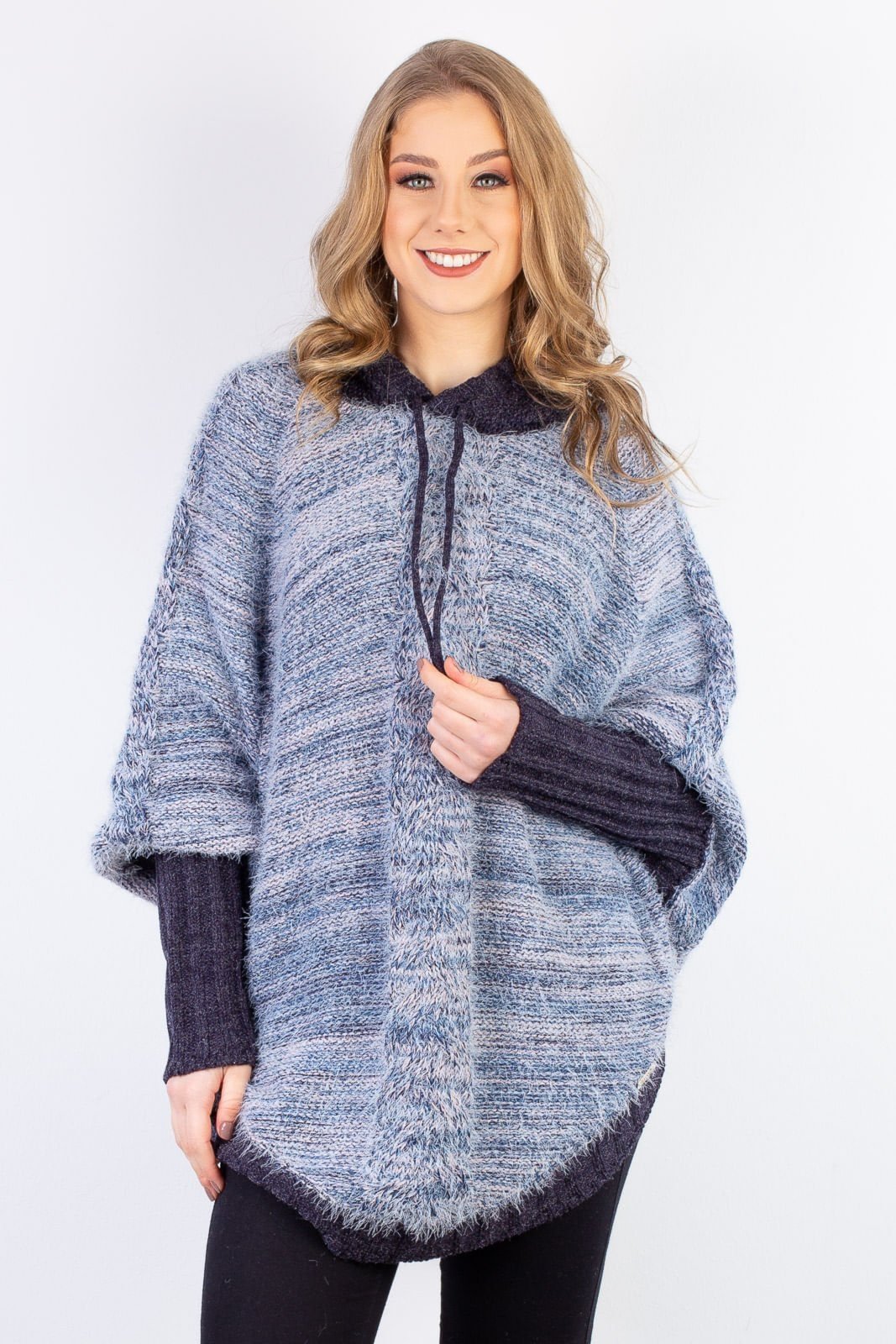 Poncho feminino de malha patchwork 60003 - Azul