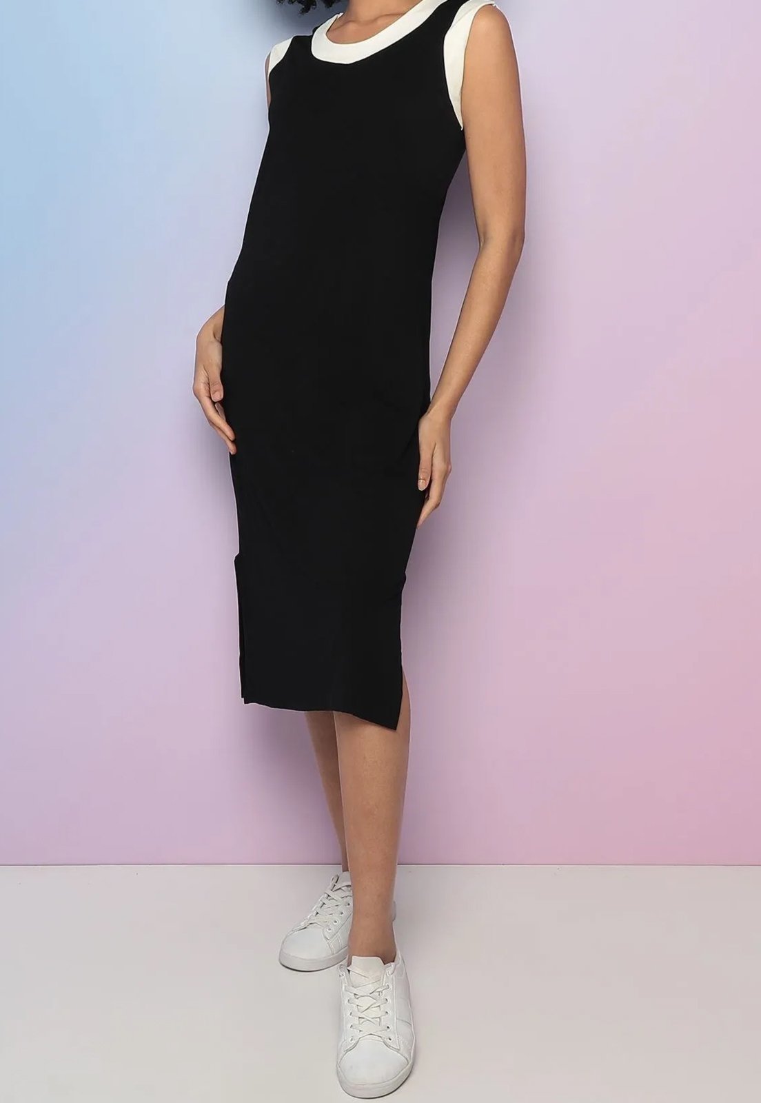 Vestido Viscolycra Maria Paes Midi Preto e Off White