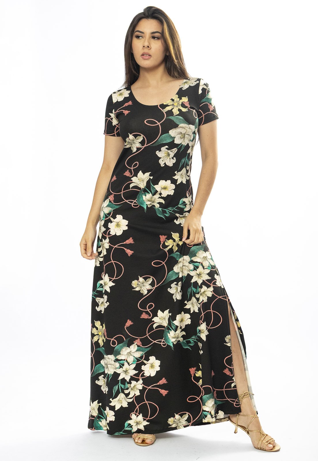 Vestido Longo Cabanafree Malha Gola Canoa Manga Curta Estampa Flores Ébano