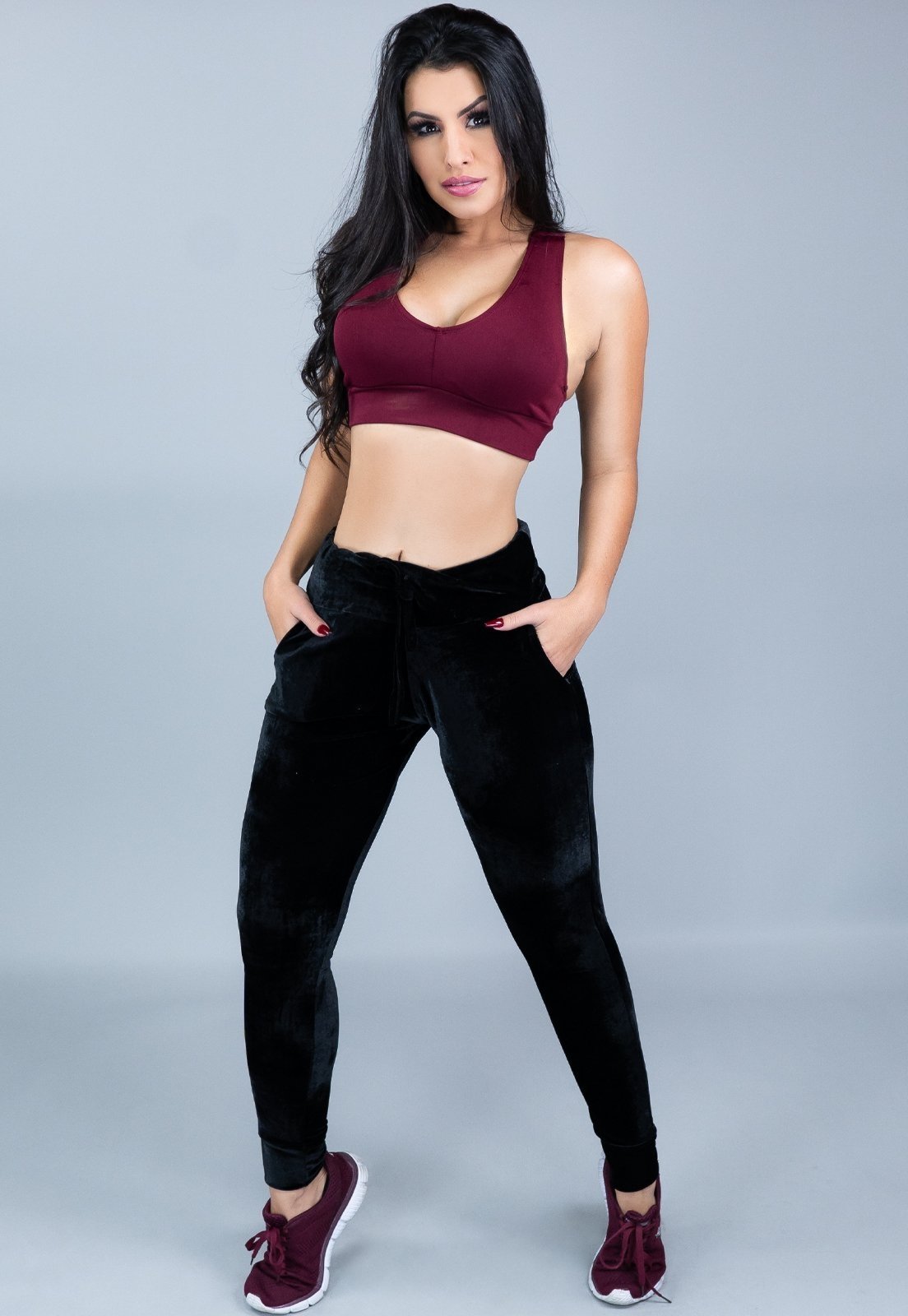 Calça Ribana Jogger MVB Modas Veludo Feminina Cintura Alta Preta
