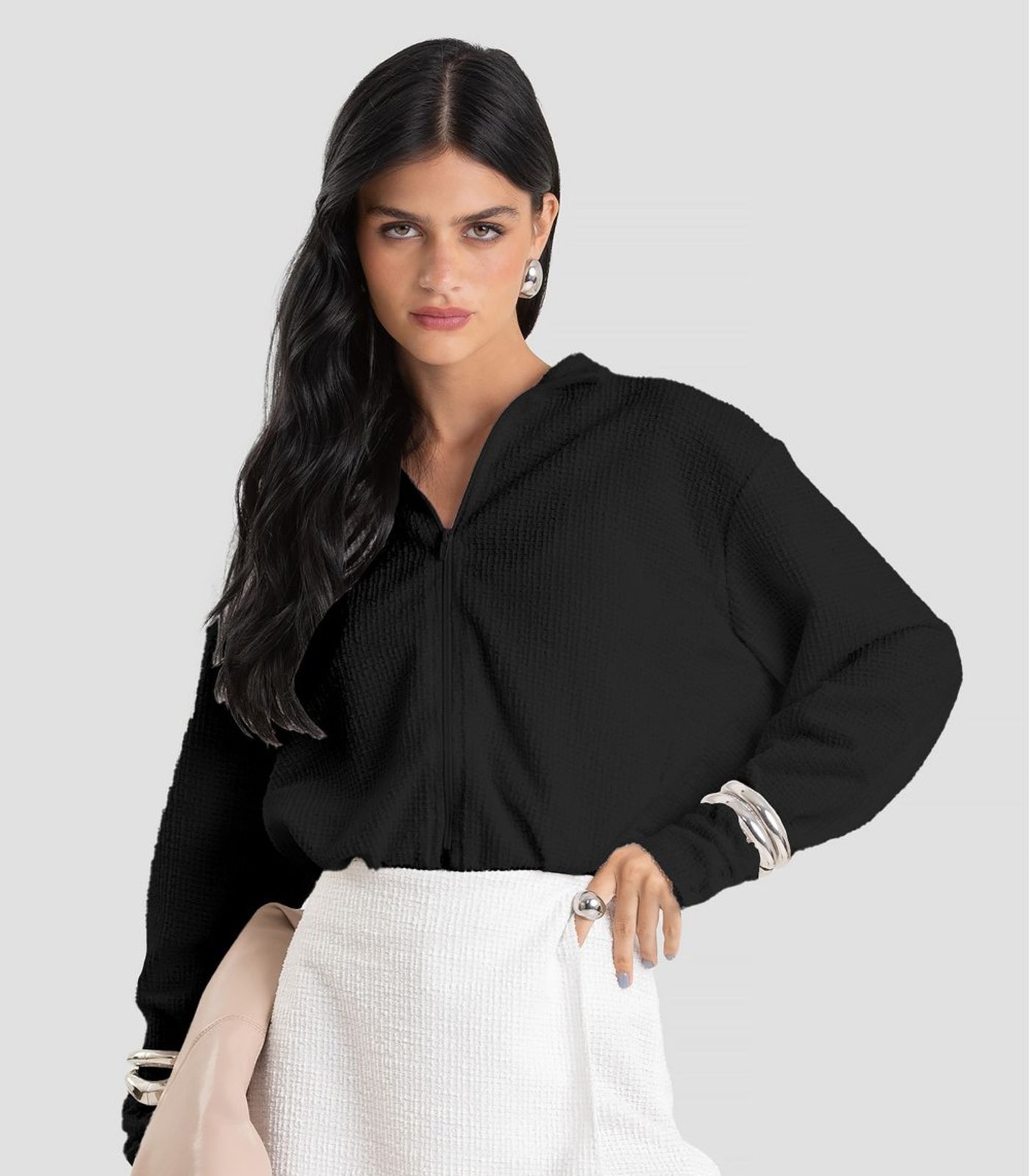 Jaqueta Feminina Cropped Em Tweed Dianna Preto