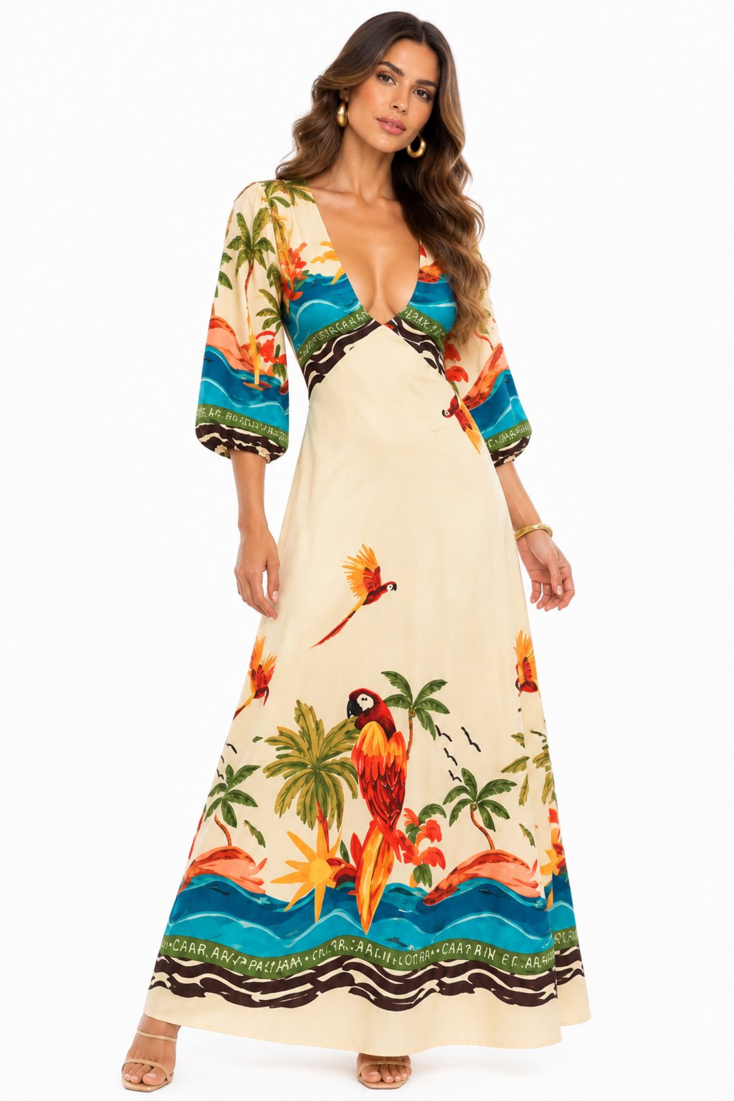 Vestido Longo D Bell Outlet Fashion Longo Tropical Paradise Creme