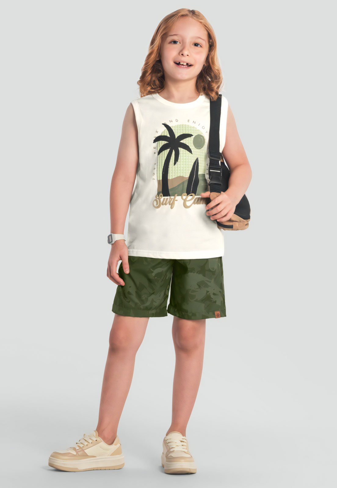 Infantil – Bermuda Brandili Floral E Folhagem Verde