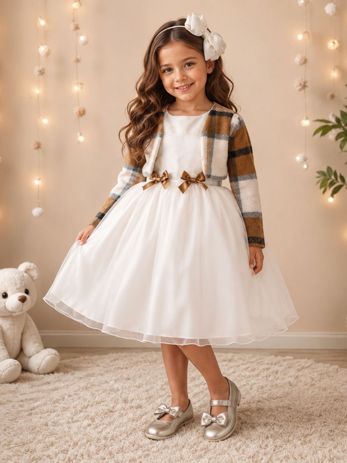 Infantil - Vestido Festa Marfim Branco Off White Creme Marfim com Bolero Xadrez Marrom Formatura Casamento Princesa Social Rodado Aniversário Luxo Menina Juvenil