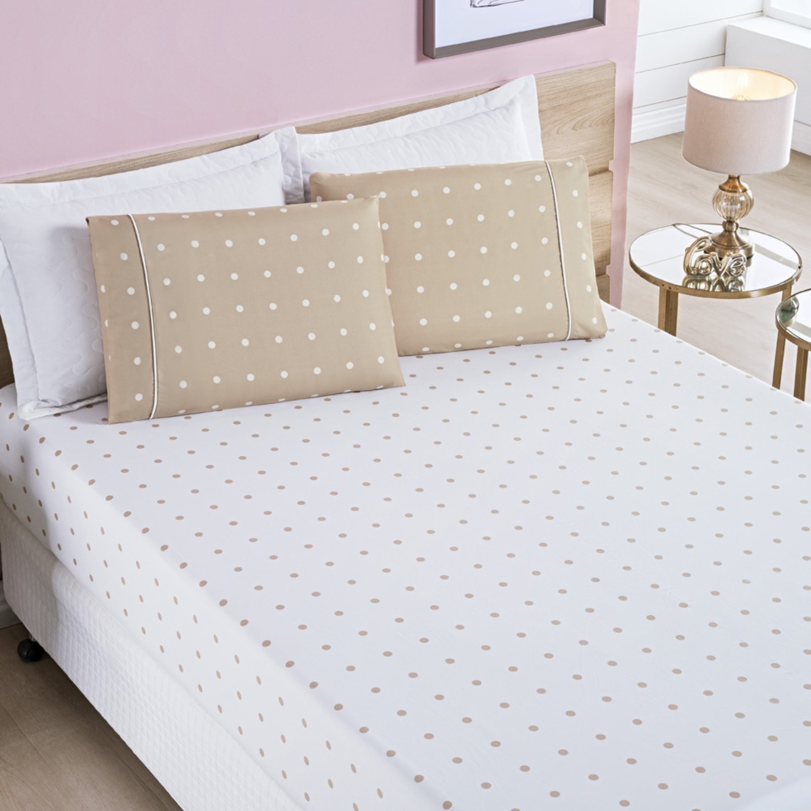 Jogo Cama Lençol Casa Scarpa Meggy Poá King Bolinhas Micropercal 200 Fios 3 Peças - Bege