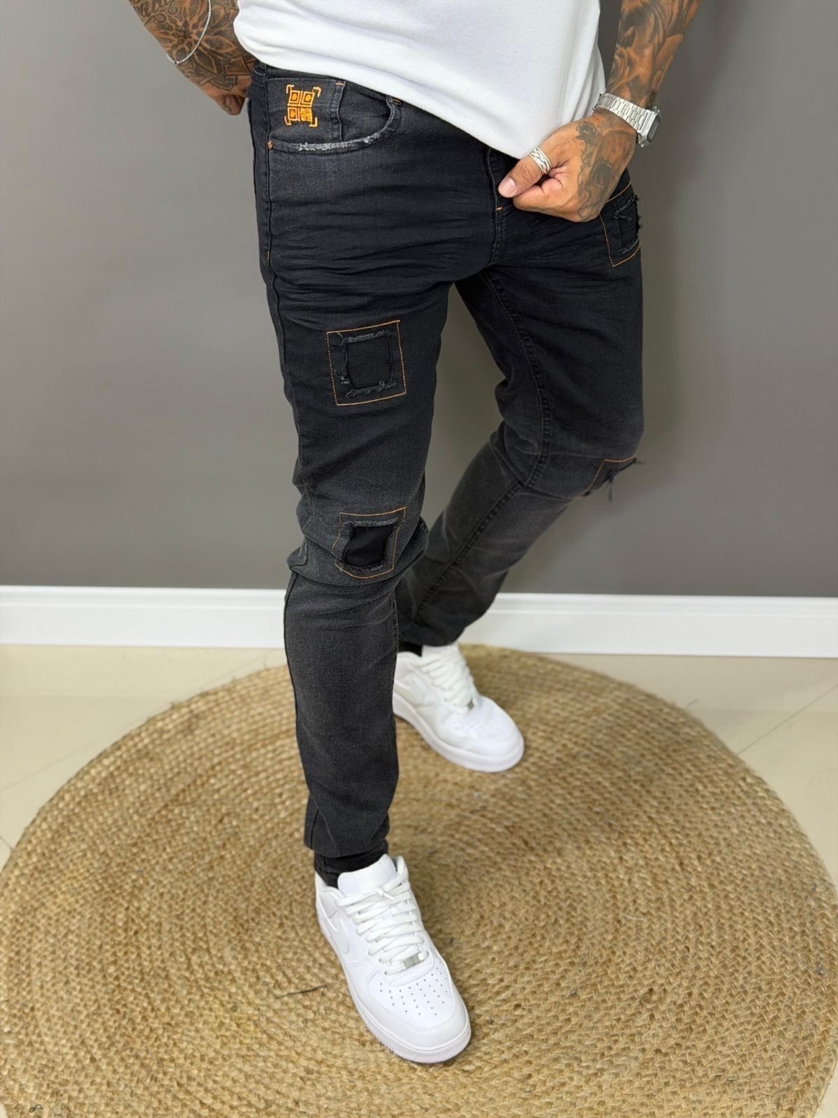 Calça Jeans Qr Code Jeans Jogador Masculina Básica Casual Preto