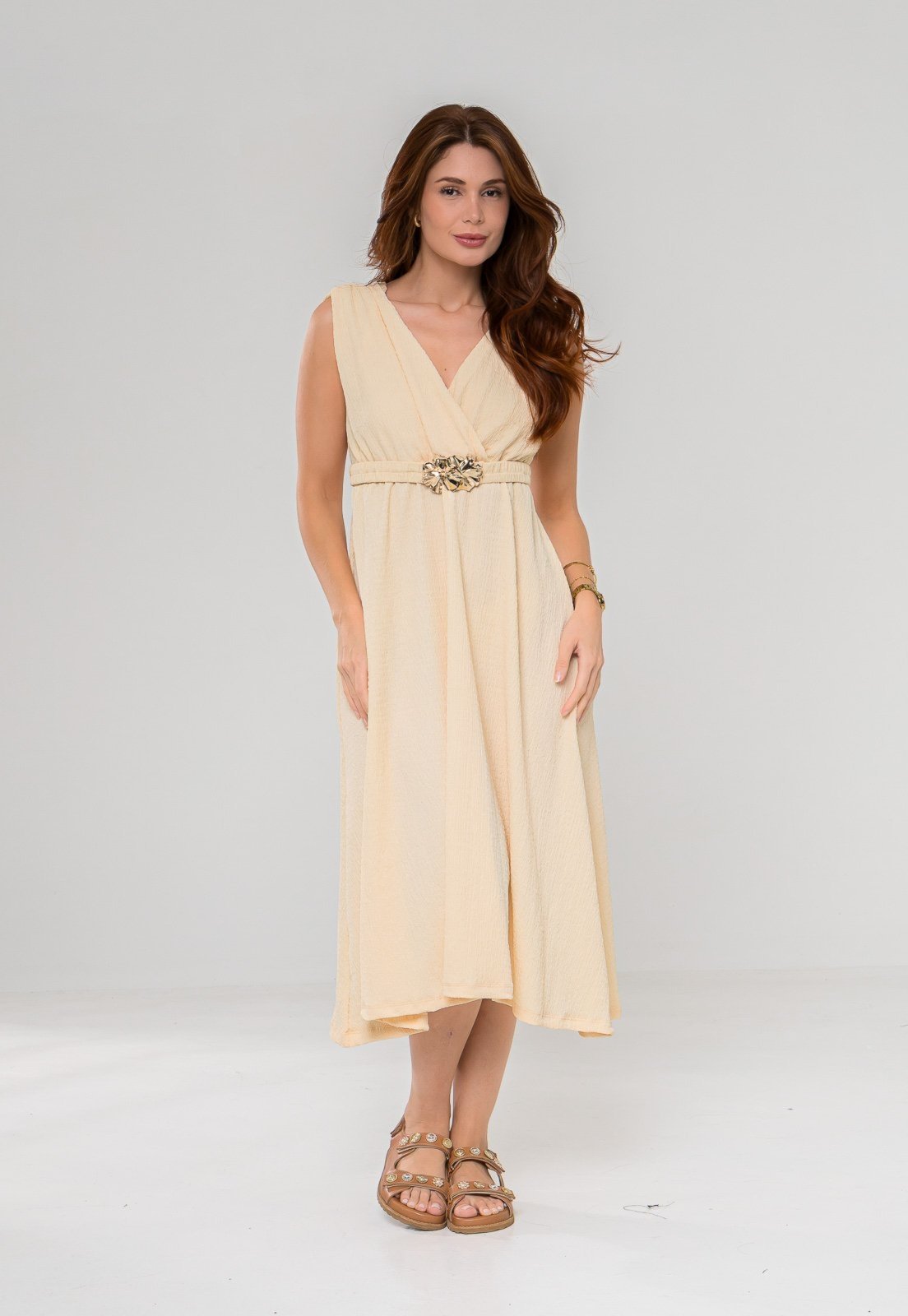 Vista 2 Vestido Aura Eva Cinto Malha Creponada Off off-white off-white