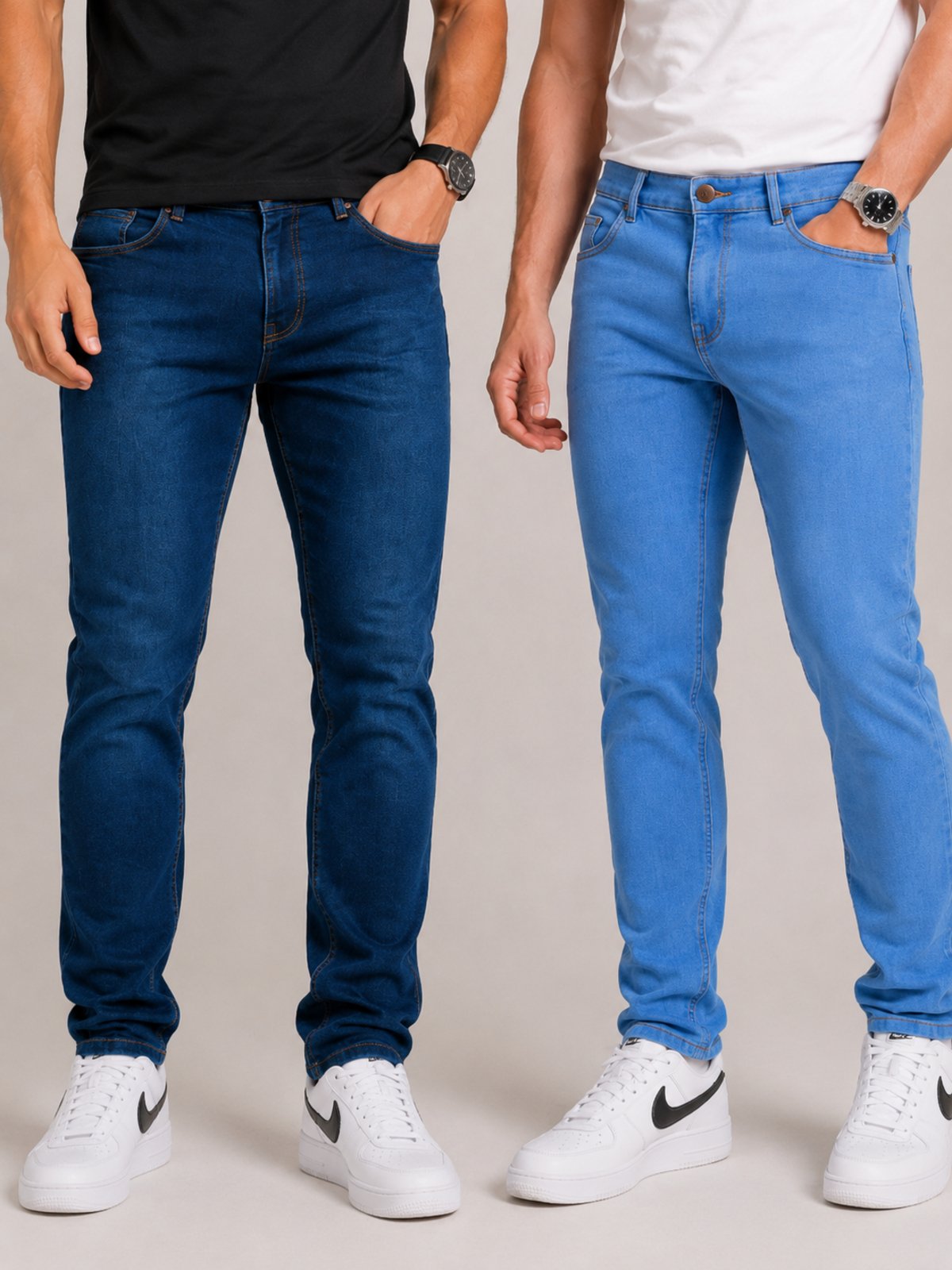 Kit 2 Calças Jeans Masculinas Slim Fit Tex Jeans Conforto Premium Azul Escura+ Delavê