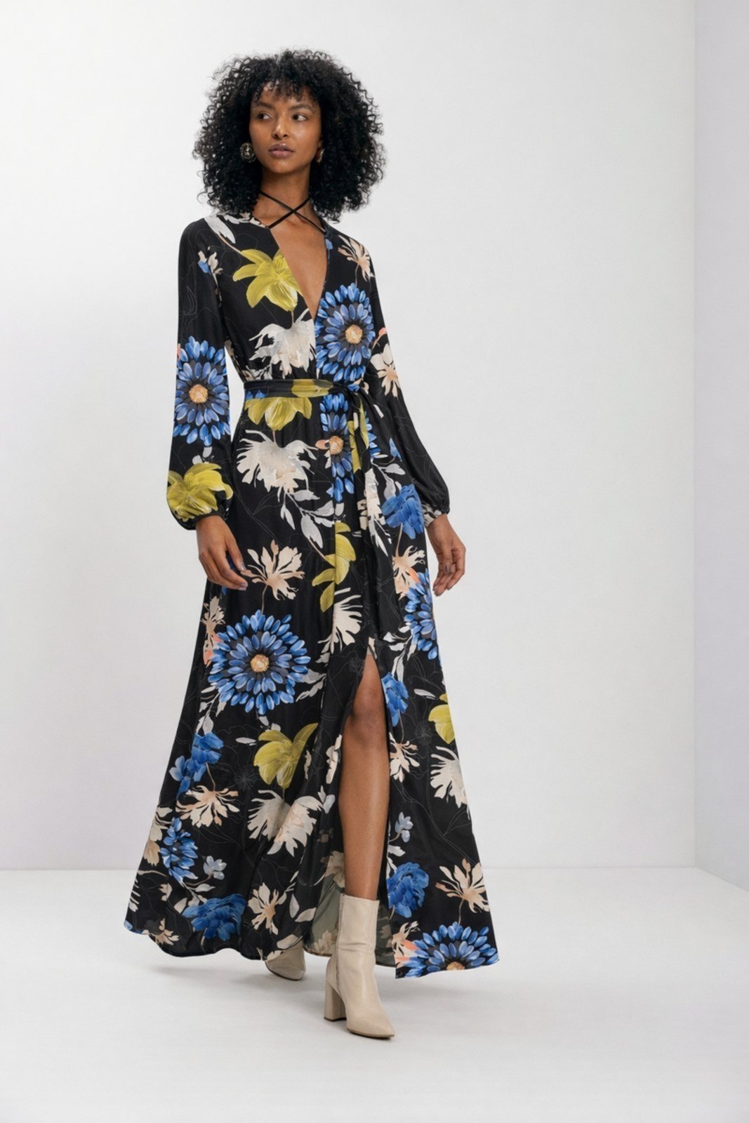 Vista 3 Vestido Longo Estampado Com Fenda E Amarração Na Gola Lez a Lez preto