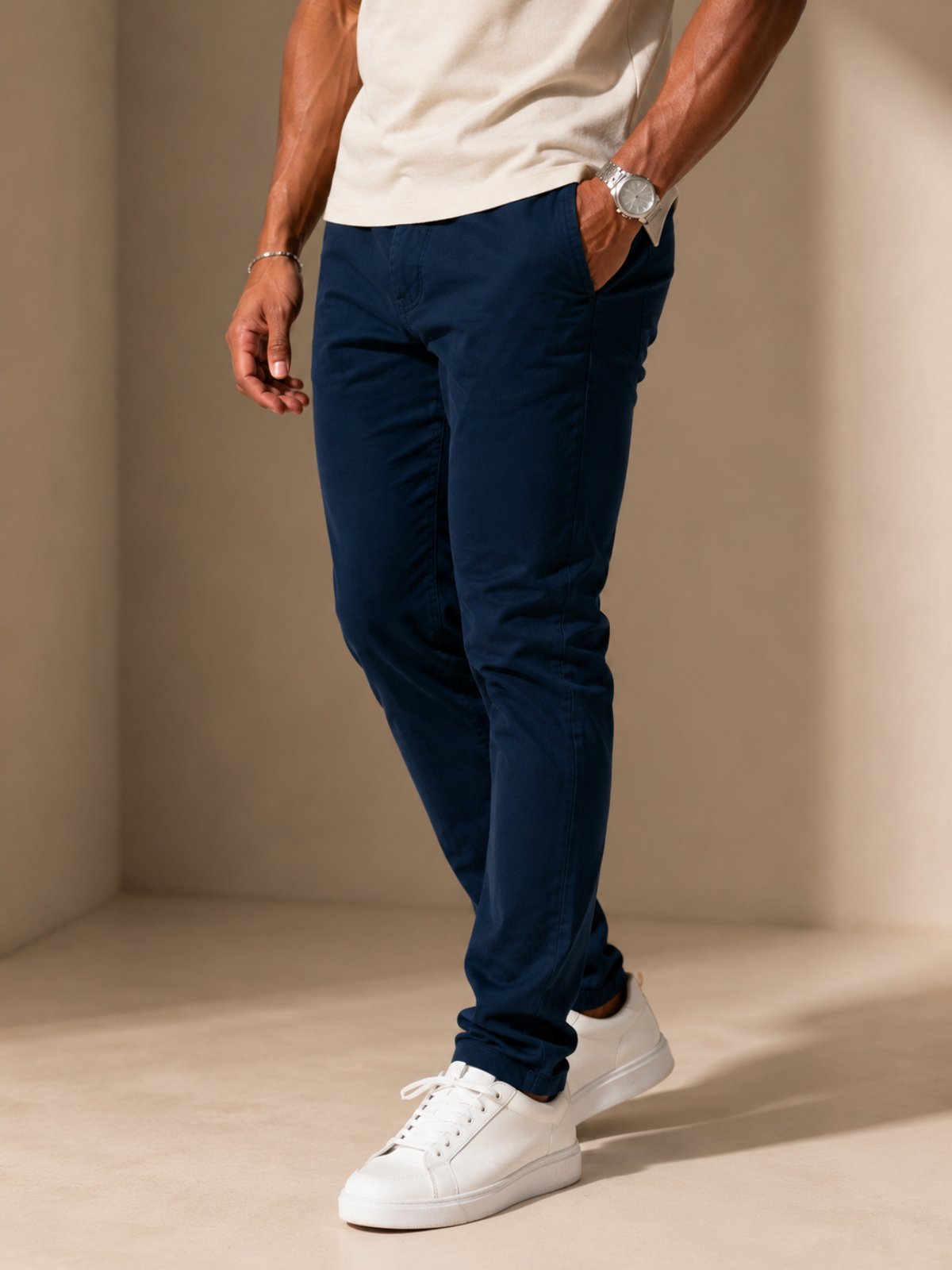 Calça Masculina Sarja Azul Marinho Slim Fit Com Elastano Premium Casual Confortável