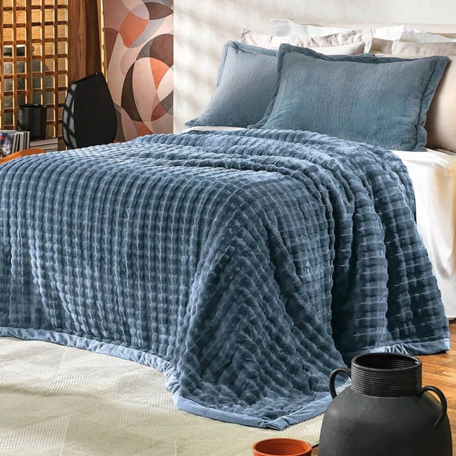 Cobertor Queen Alto Relevo Grosso Inverno Luxo Altenburg Desert Azul