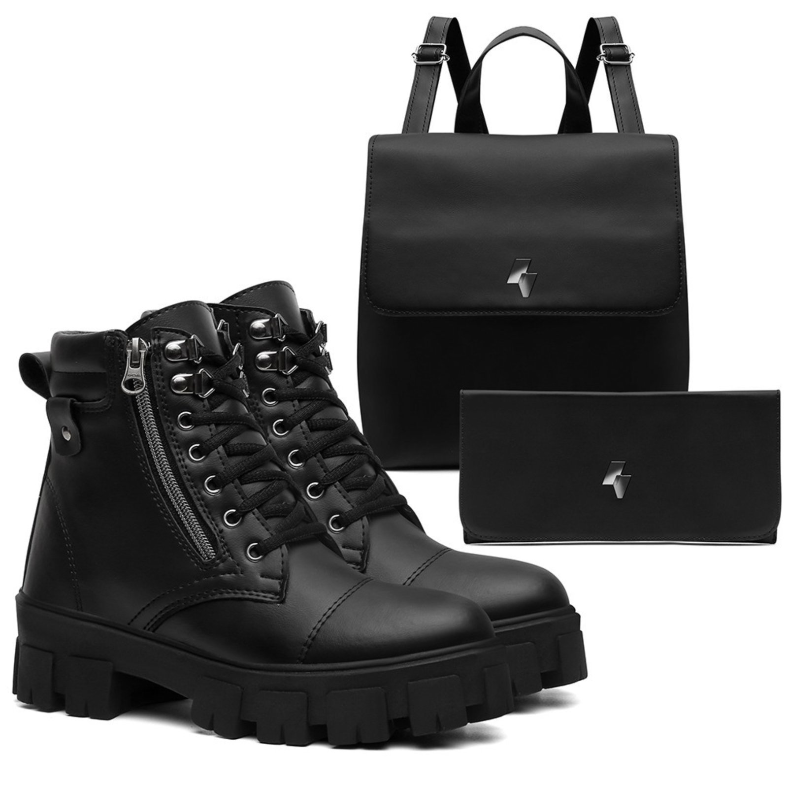 Vista 2 Kit Bota Feminina Cano Curto Anna Andrade Coturno Tratorado Militar Casual Bolsa e Carteira preto Anna Andrade preto