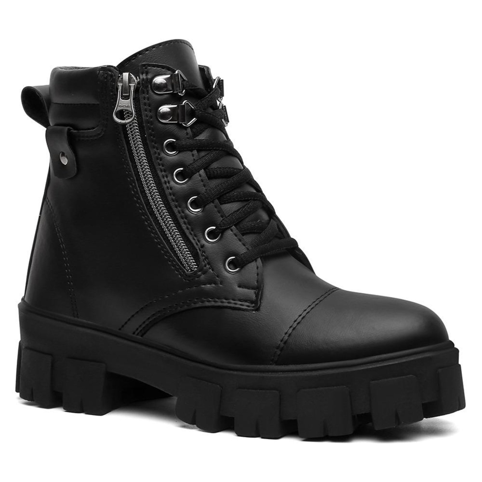 Vista 3 Kit Bota Feminina Cano Curto Anna Andrade Coturno Tratorado Militar Casual Bolsa e Carteira preto Anna Andrade preto
