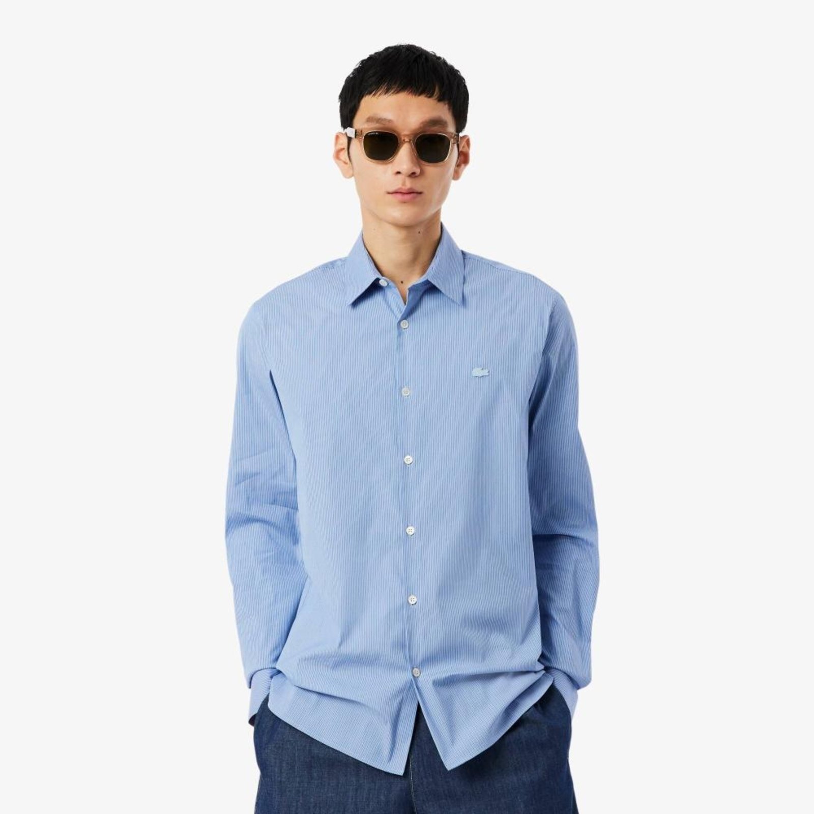 Camisa de Popeline Stretch Listrada com Modelagem Ajustada Azul