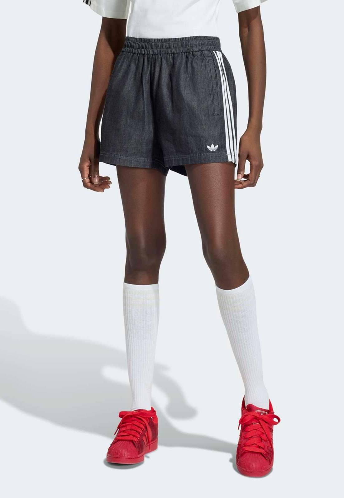 Short Jeans adidas Originals Cintura Média Três Listras Cinza