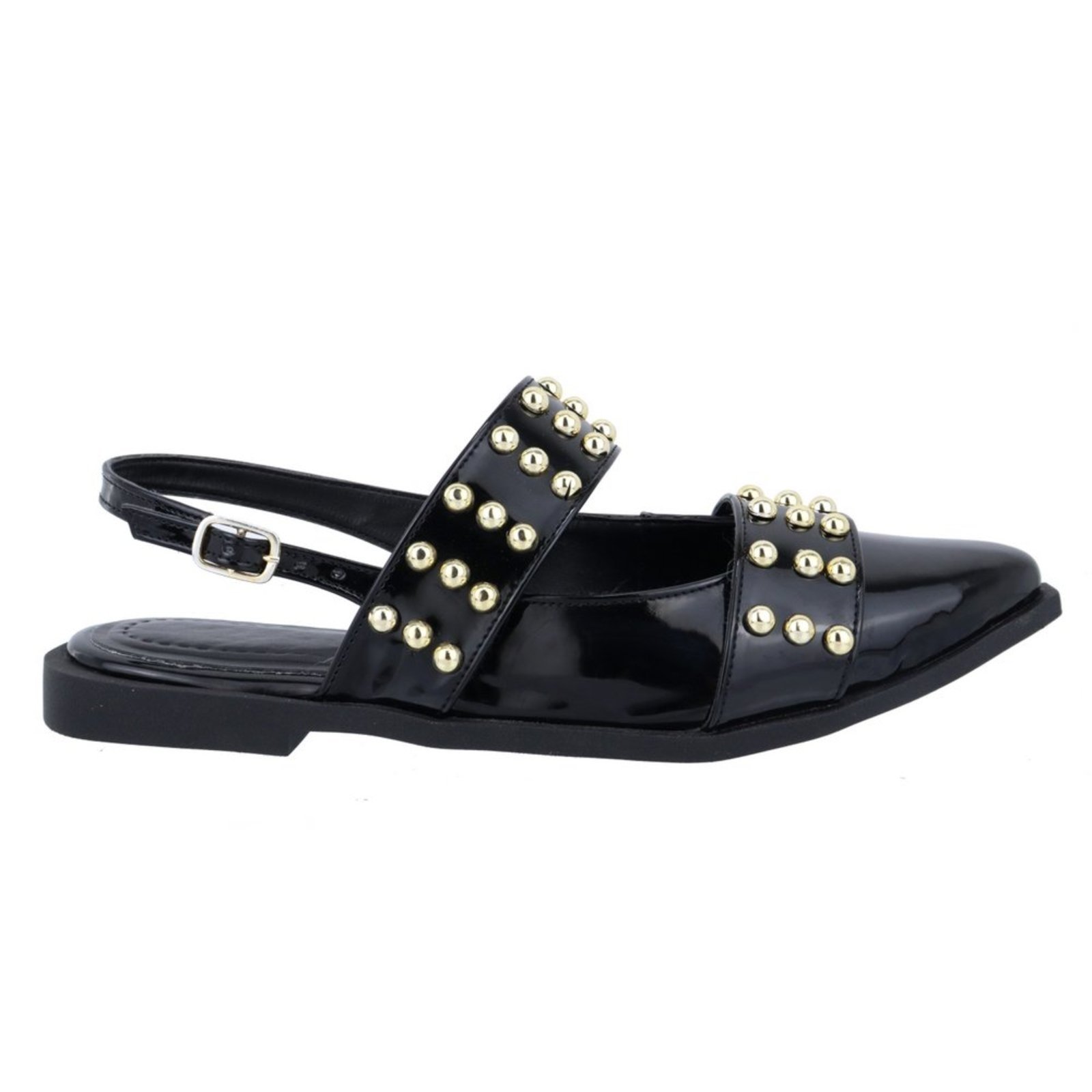 Vista 3 Sapatilha Slingback Rasteira Feminina Detalhe Bolas Dourado 184202 preto preto