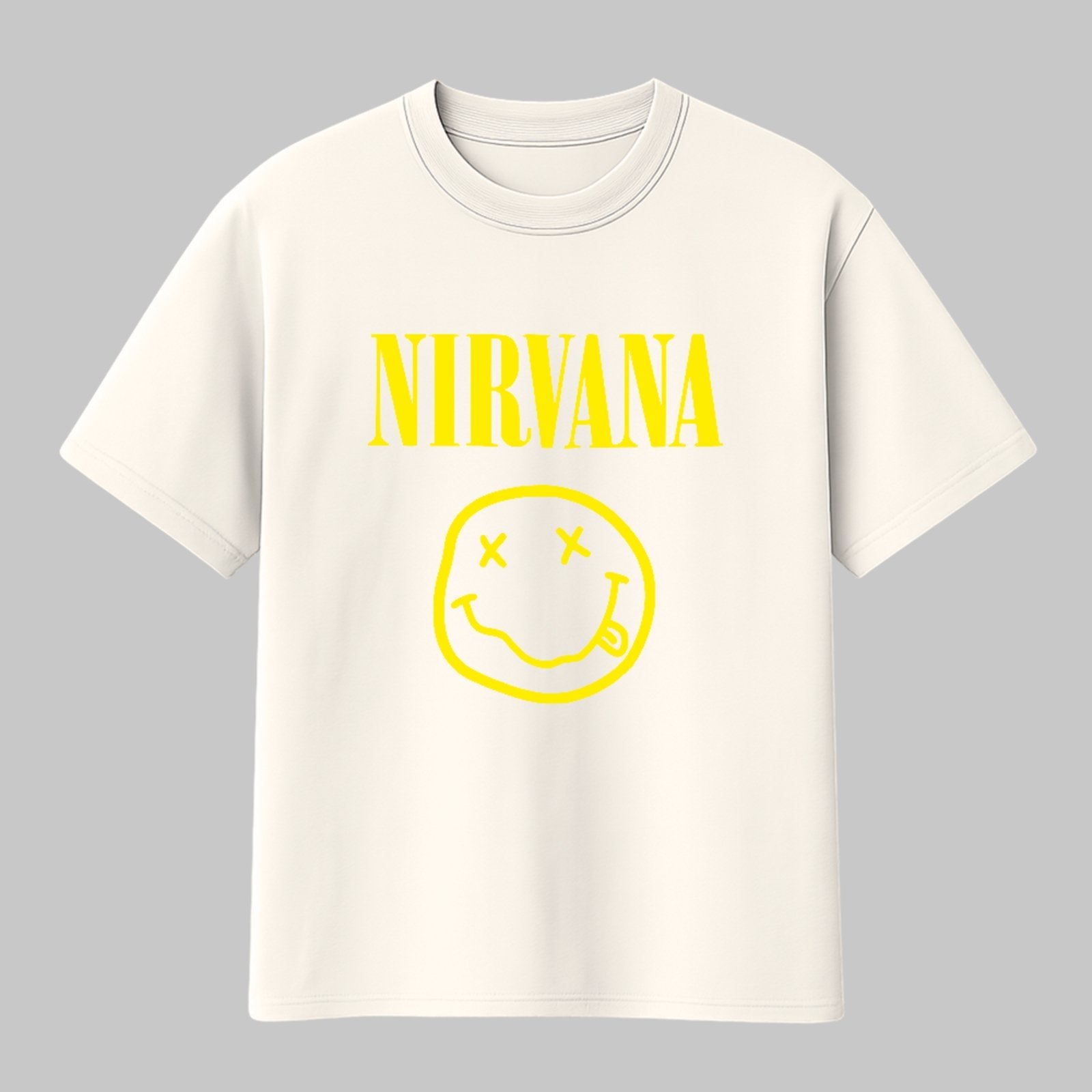 Camiseta Básica Nirvana Smiley Rock Vintage Grunge Unissex Off White