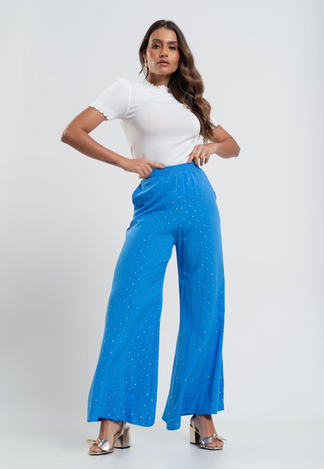 Calça Pantalona Viscose Com Lurex Salvatore Fashion Azul