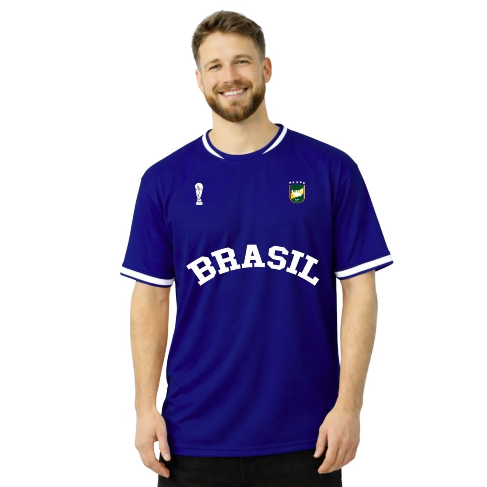 Camiseta Masculina Dry Fit Azul Brasil Escudo 1 Performance Gola Redonda para Treinos