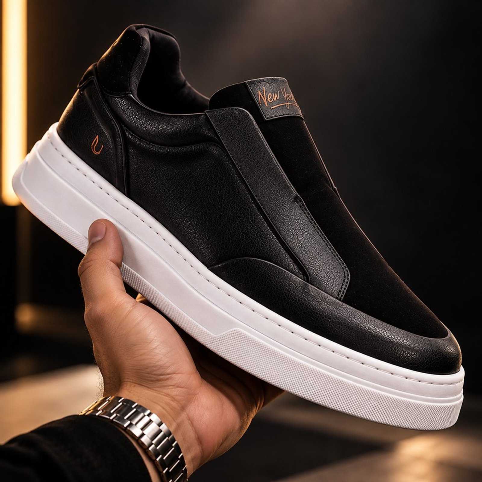 Tênis Masculino Casual Calça Fácil Slip On Iate Preto All Black Grande Sola Alta Alto