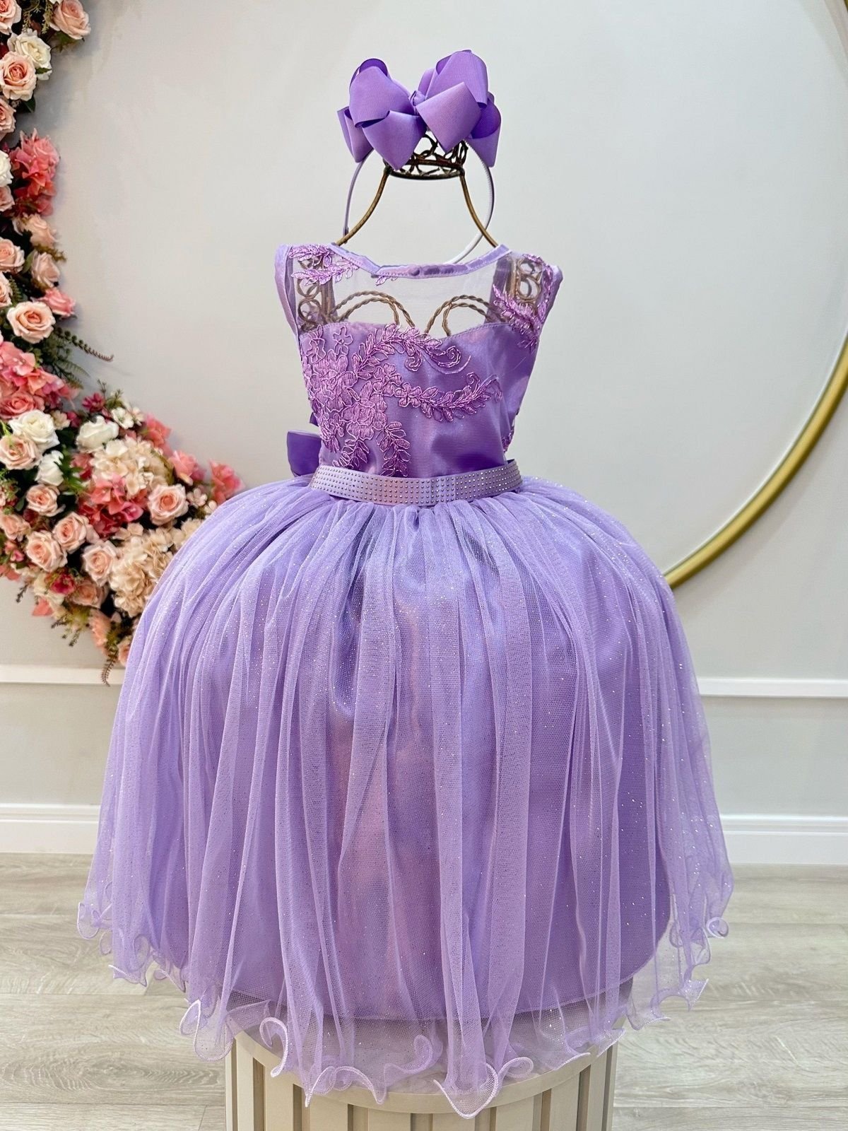 Infantil - Vestido Festa Lilás Lavanda Formatura Casamento Renda Dama Daminha Florista Social Menina Juvenil Pérolas Princesa Rodado Aniversário Luxo