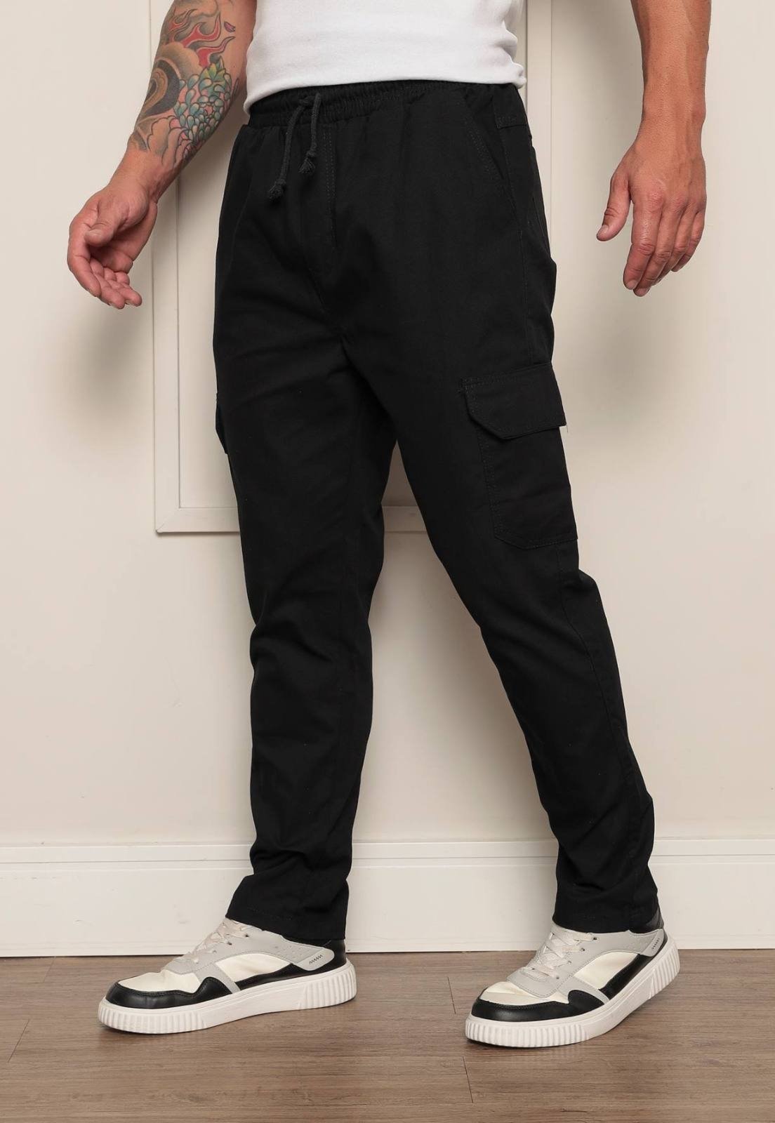 Calça Jogger Masculina Ethereal Jeans com Bolso Cargo Confortável Sem Punho Preto