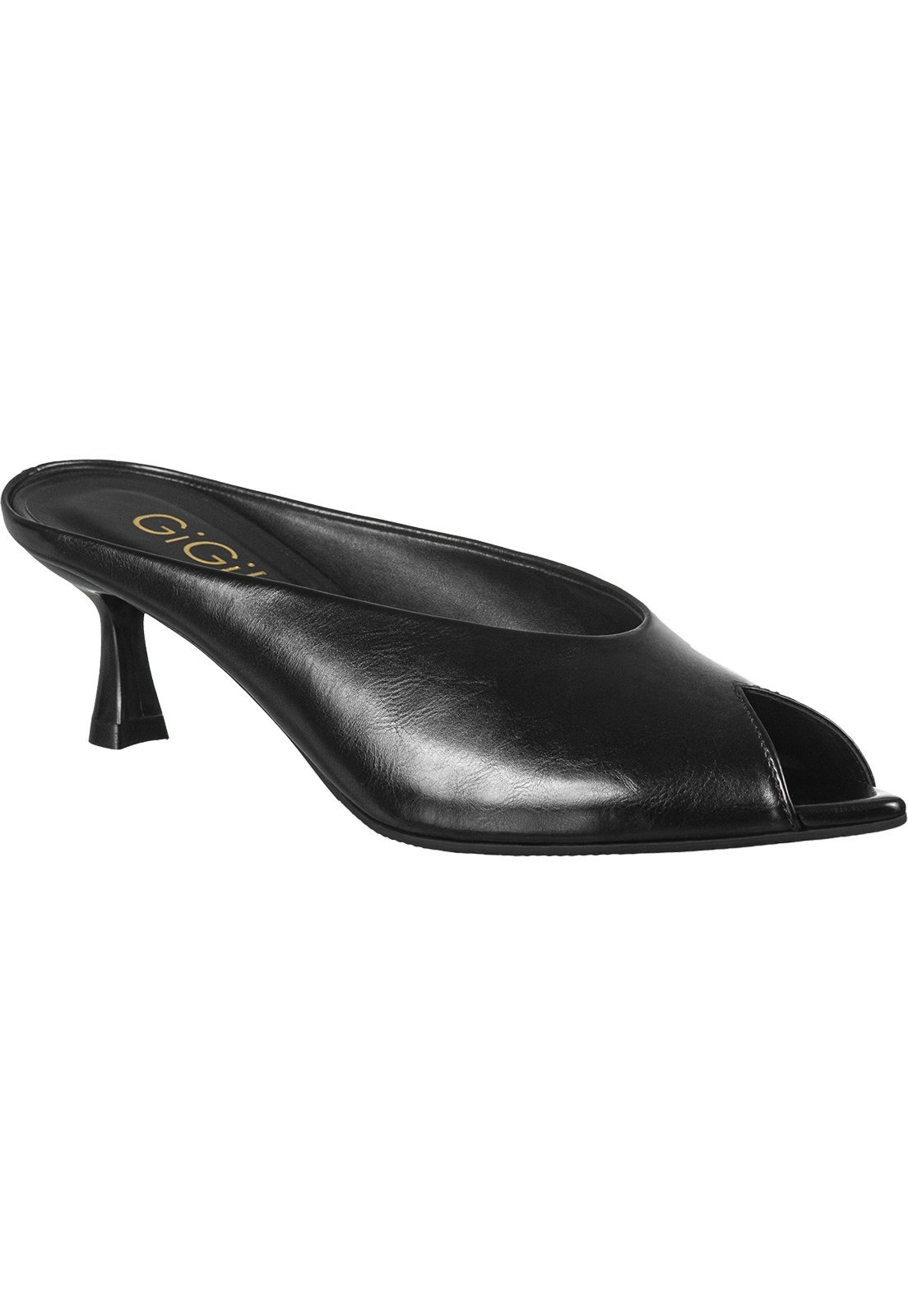Tamanco Peep Toe GiGiL Feminino Bico Folha Fino Aberto Salto Fino Médio Confortável Elegante Preto
