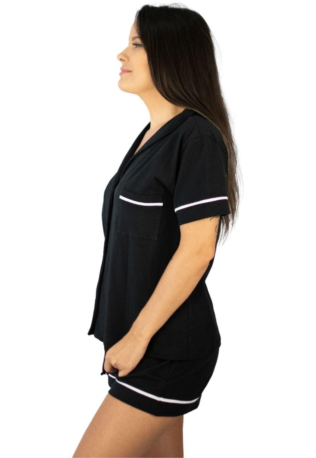 Vista 3 Pijama Algodão Americano Feminino Curto Manga Curta com Botão Botões Verão Adulto indicado Gestante Amamentação e Pós cirúgico - . Piante preto Piante preto