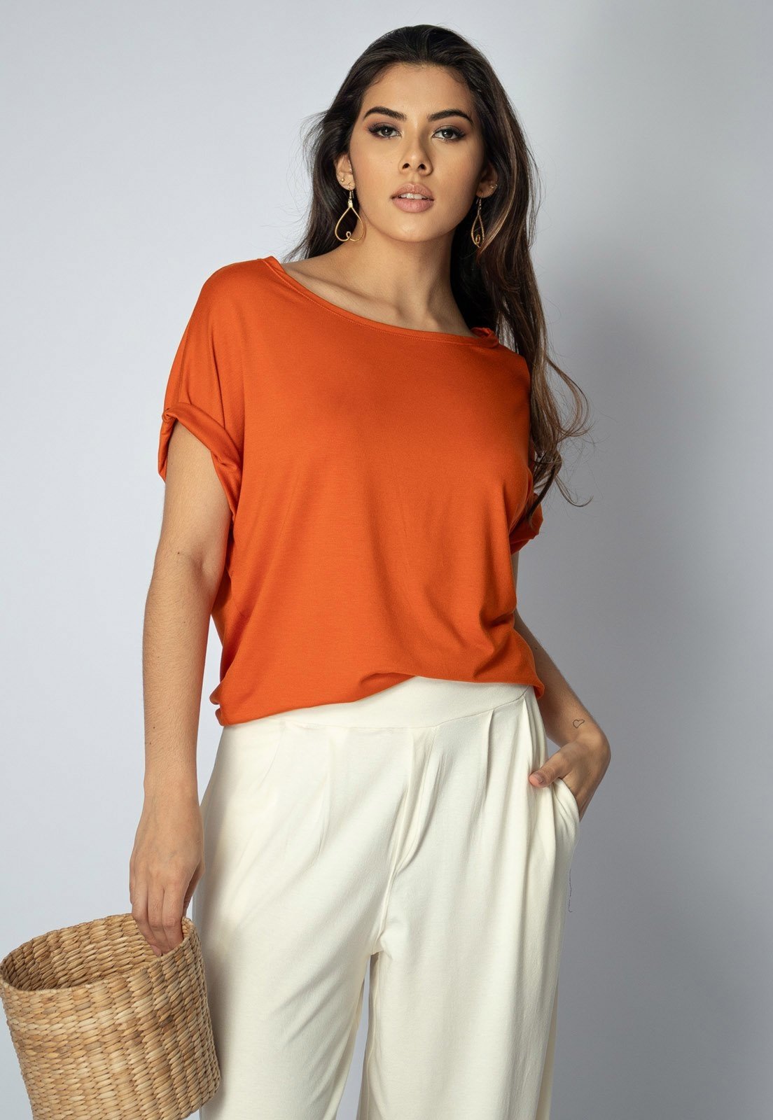Blusa Básica Morcego Amazonia Vital Malha Gola Canoa Manga Curta Laranja