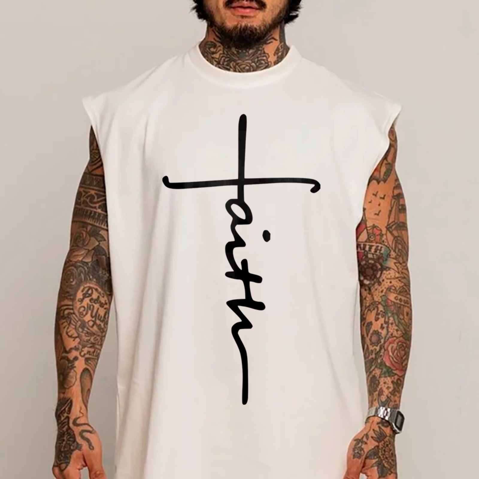 Camiseta Regata Machão Faith Cruz Estilo Minimal Gospel Urbano Branco