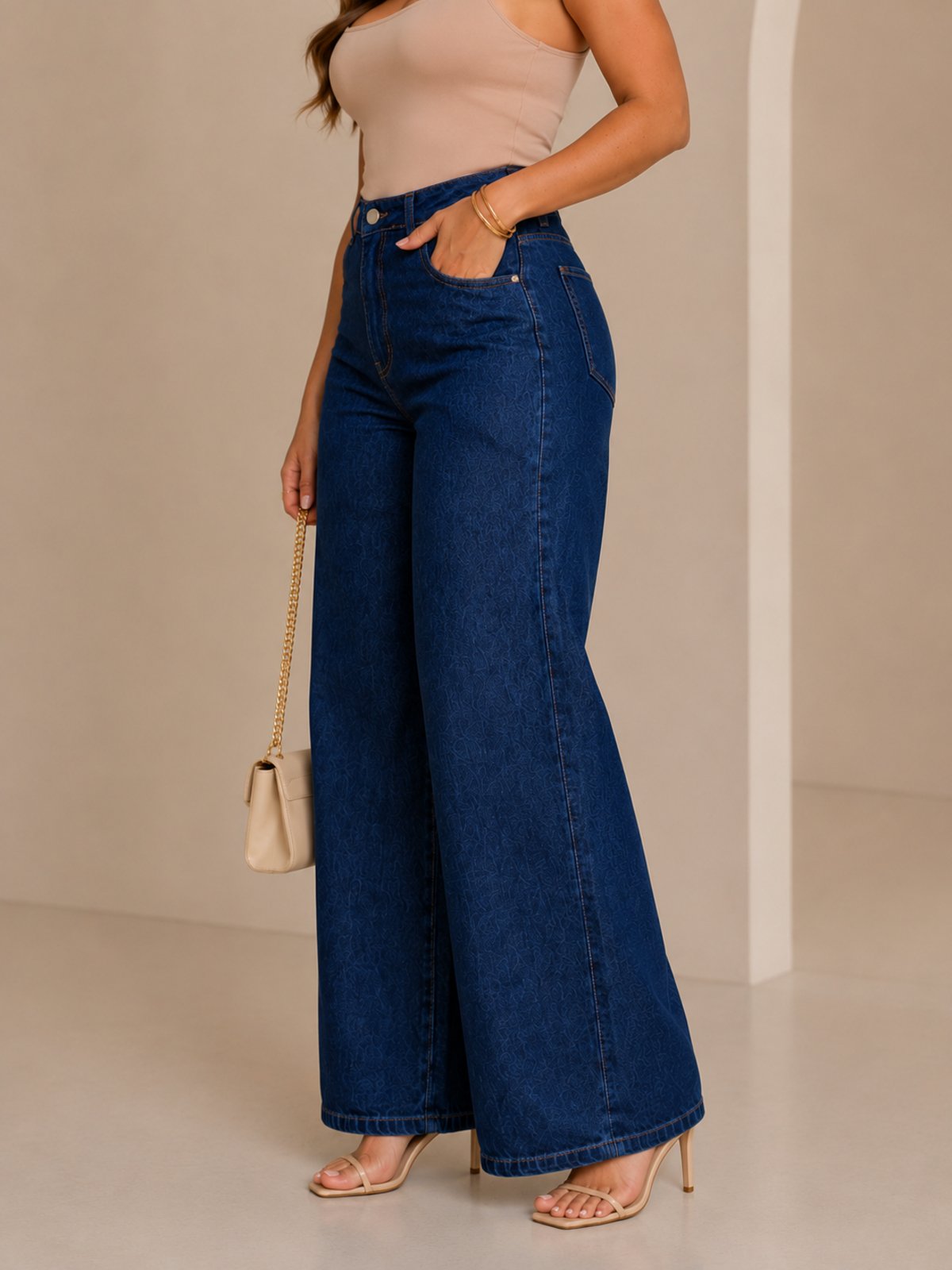 Calça Wide Leg Feminina Mys Jeans Escura Casual Elegante