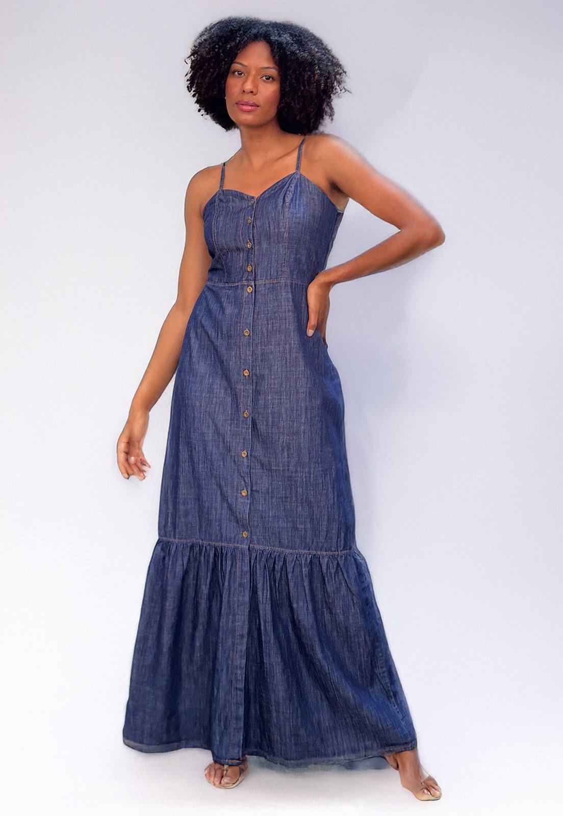 Vista 2 Vestido Cabanafree longo Jeans Bottons Cabanafree azul