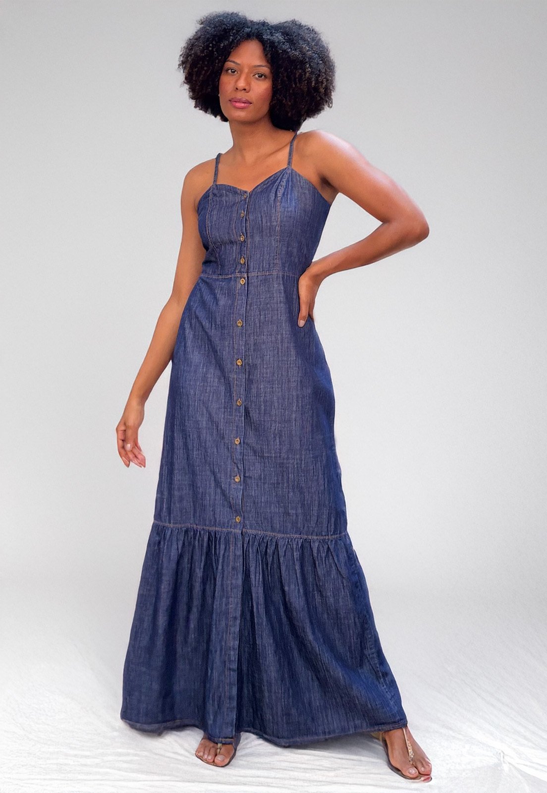 Vista 3 Vestido Cabanafree longo Jeans Bottons Cabanafree azul