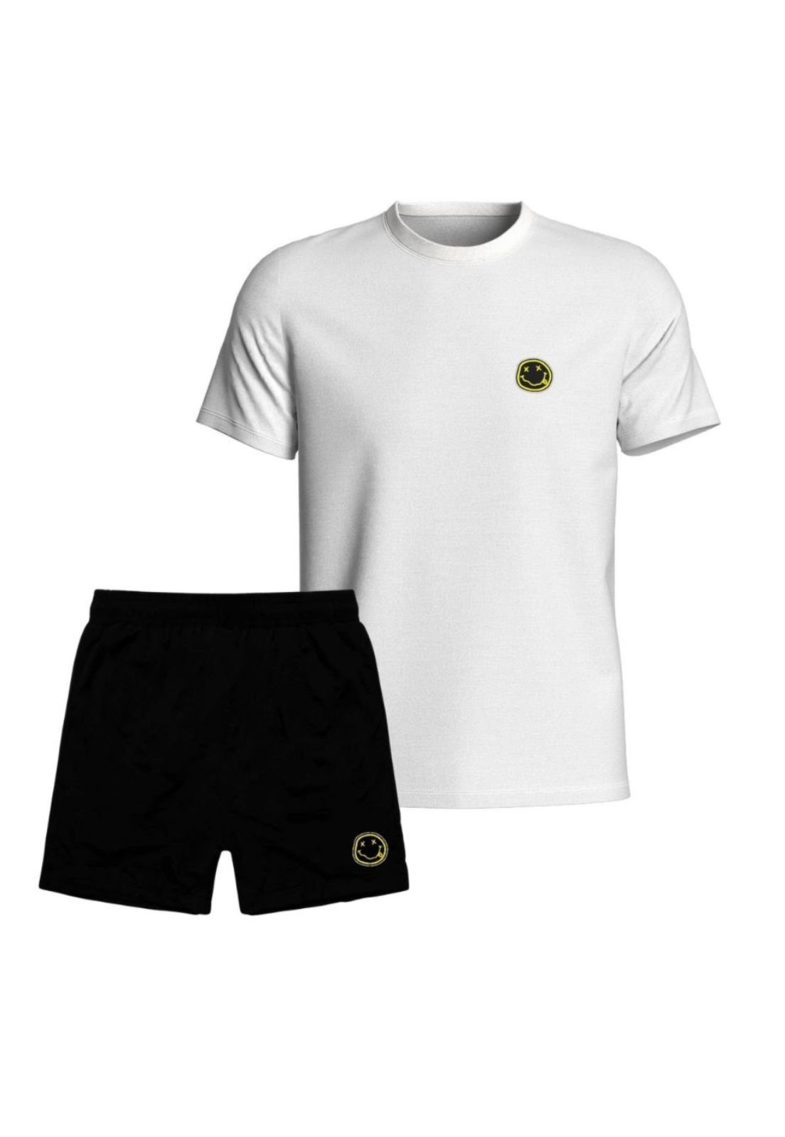 Kit Masculino Camiseta Branca Algodão Short Tactel Preto Relaxado Conjunto Adulto Casual Emoji Kit Masculino Camiseta Branca Algodão Short Tactel Preto Relaxado Conjunto Adulto Casual Emoji