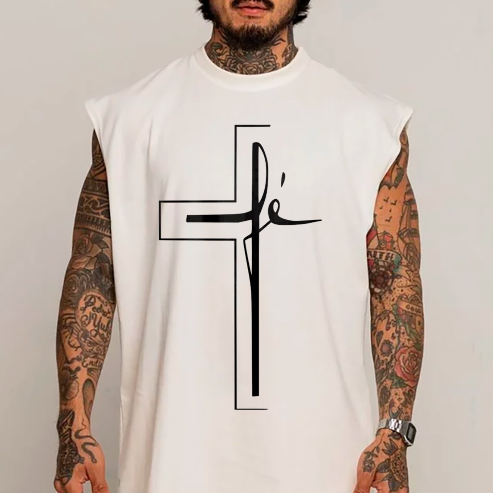 Camiseta Regata Machão Cruz Fé Jesus Gospel Streetwear Cristão Branco