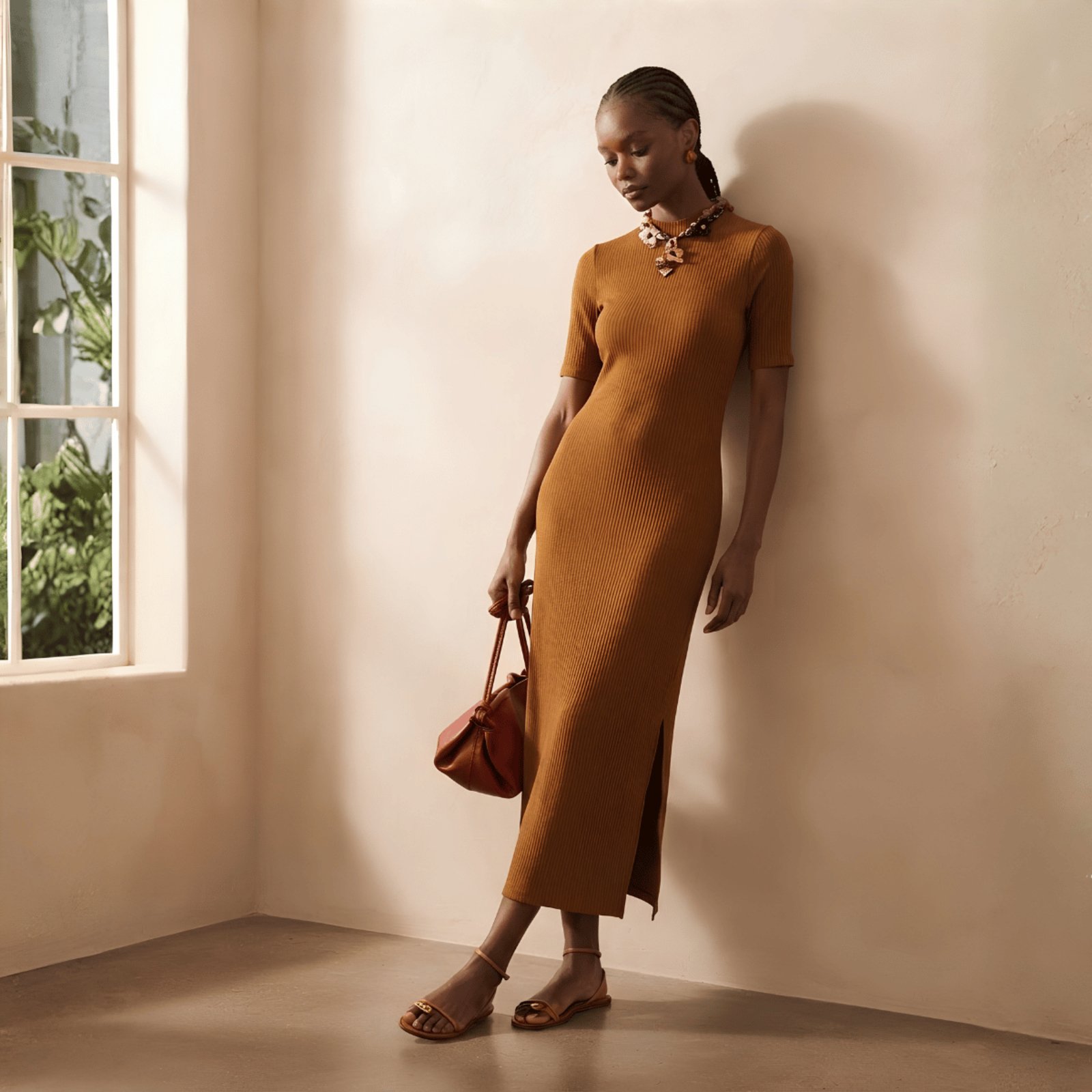 Vestido Canelado Maxi Midi Logo Metal Triâgulo Colcci