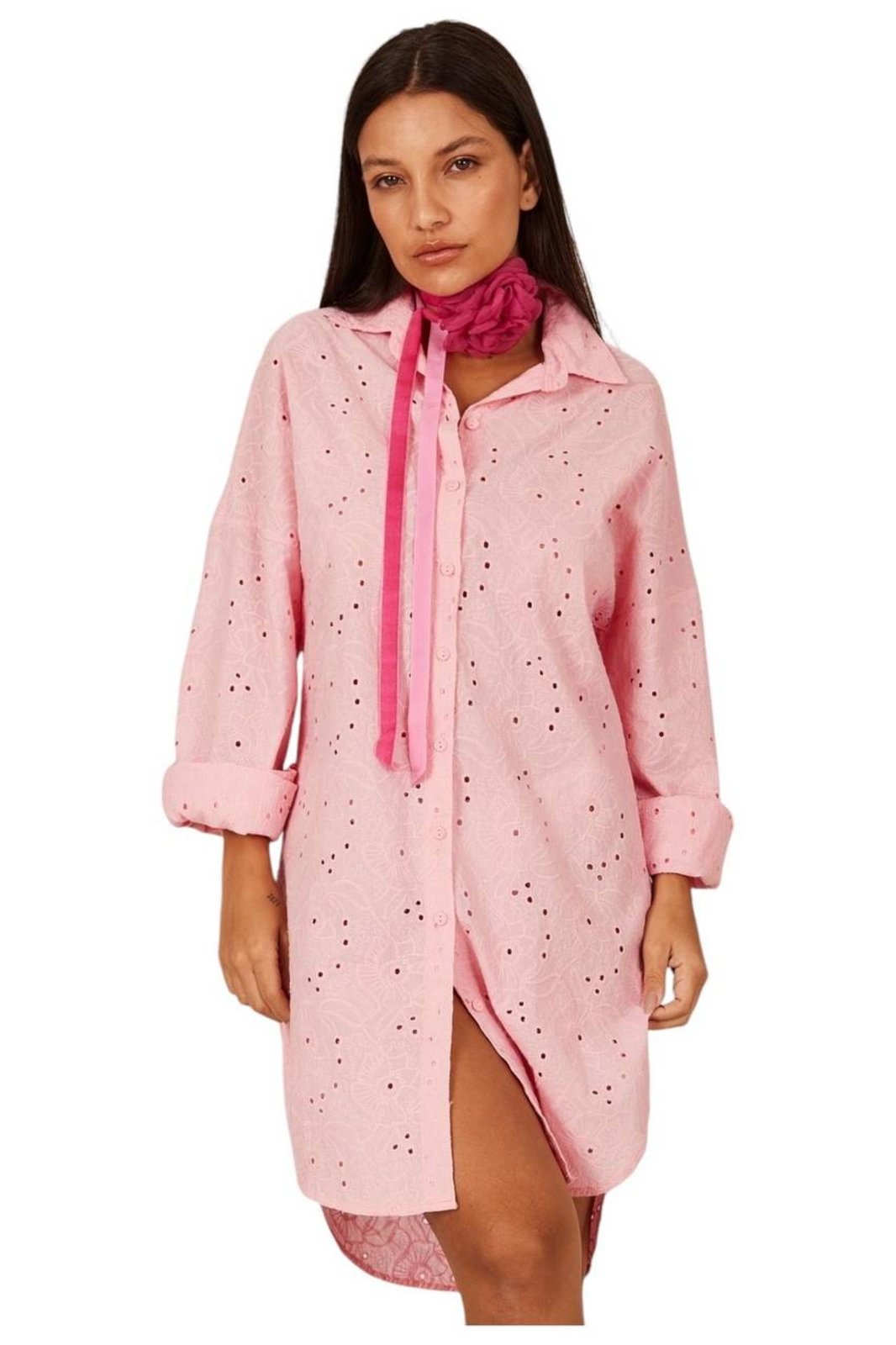 Chemise Clássica Broderie Alongada Rosa Claro Yacamim N1 – Rosa