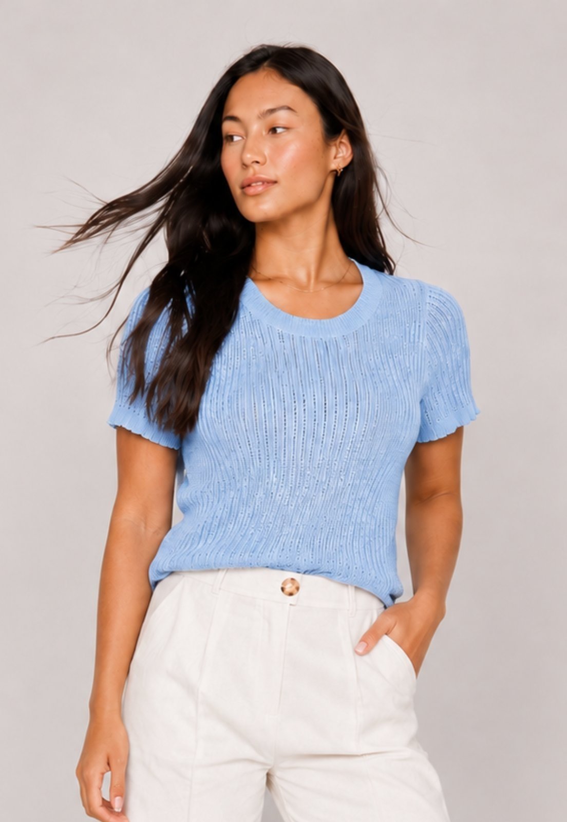 Blusa Tricot Fresh Canelado Manga Curta Salvatore Azul