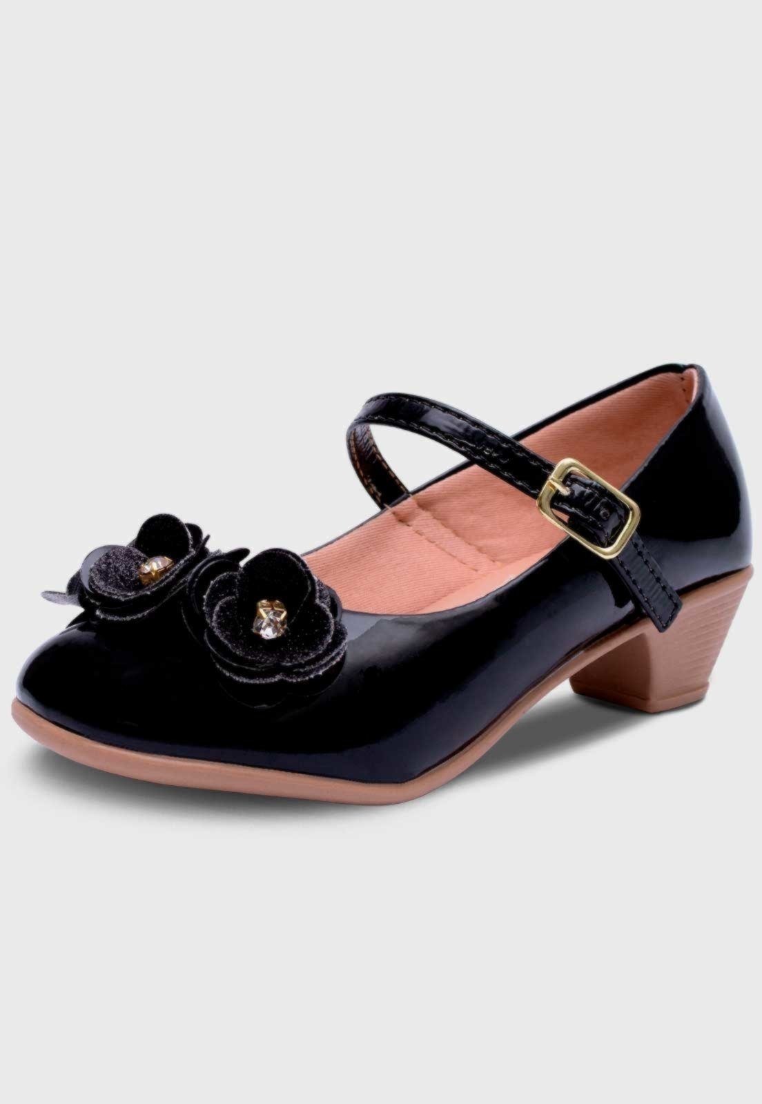 Infantil – Sapato de Salto Feminino Pópidi Menina Flores Preto
