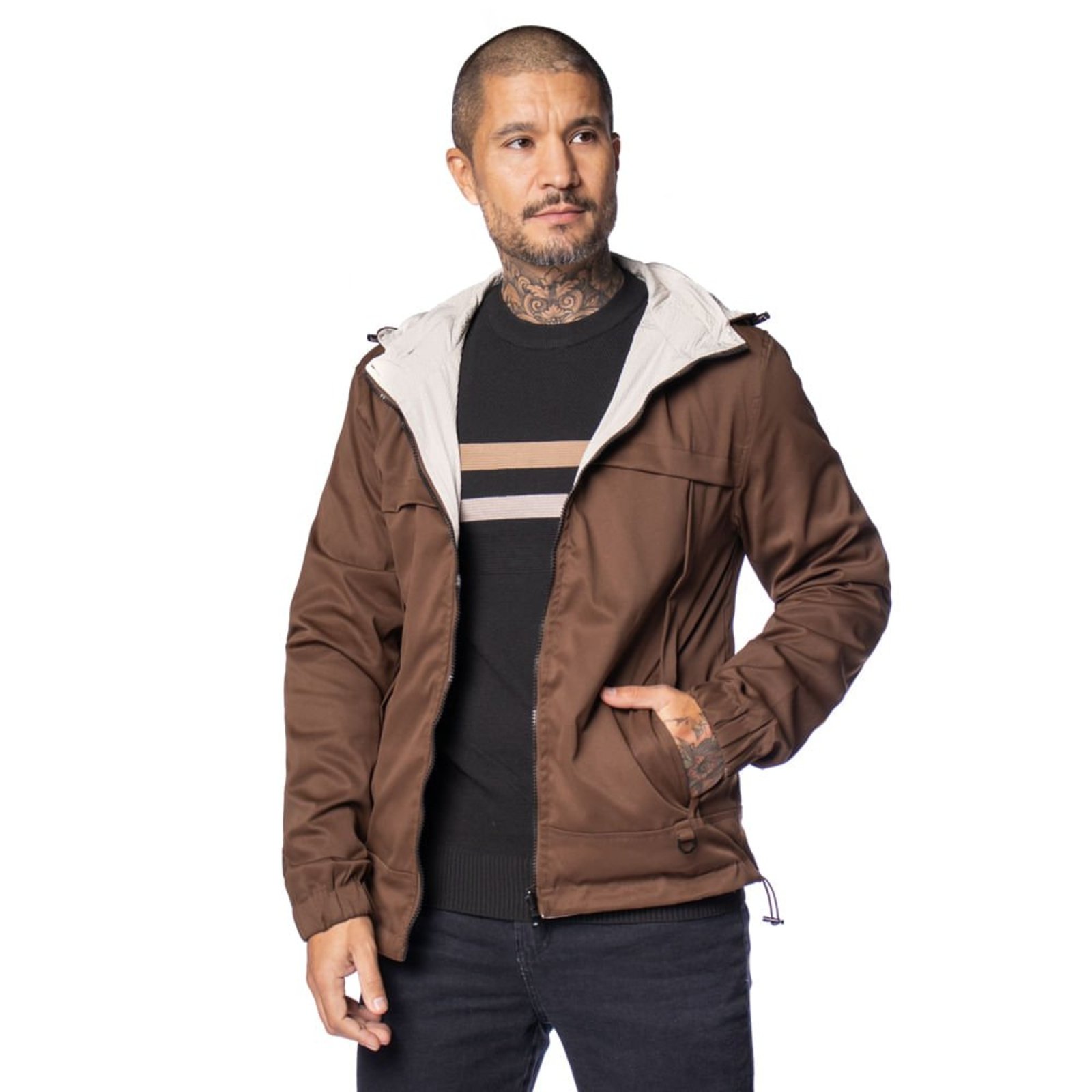 Corta Vento Masculino Dixie Dupla Face Capuz Marrom/Bege