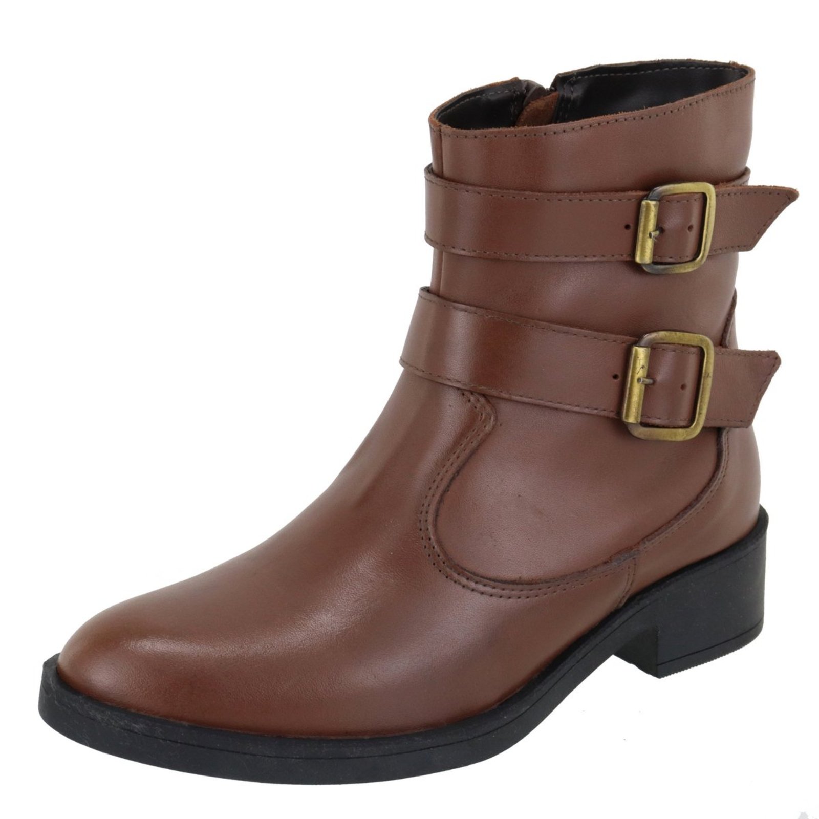 Bota em Couro Cano Curto Feminina Fivelas Conhaque Kuento Shoes