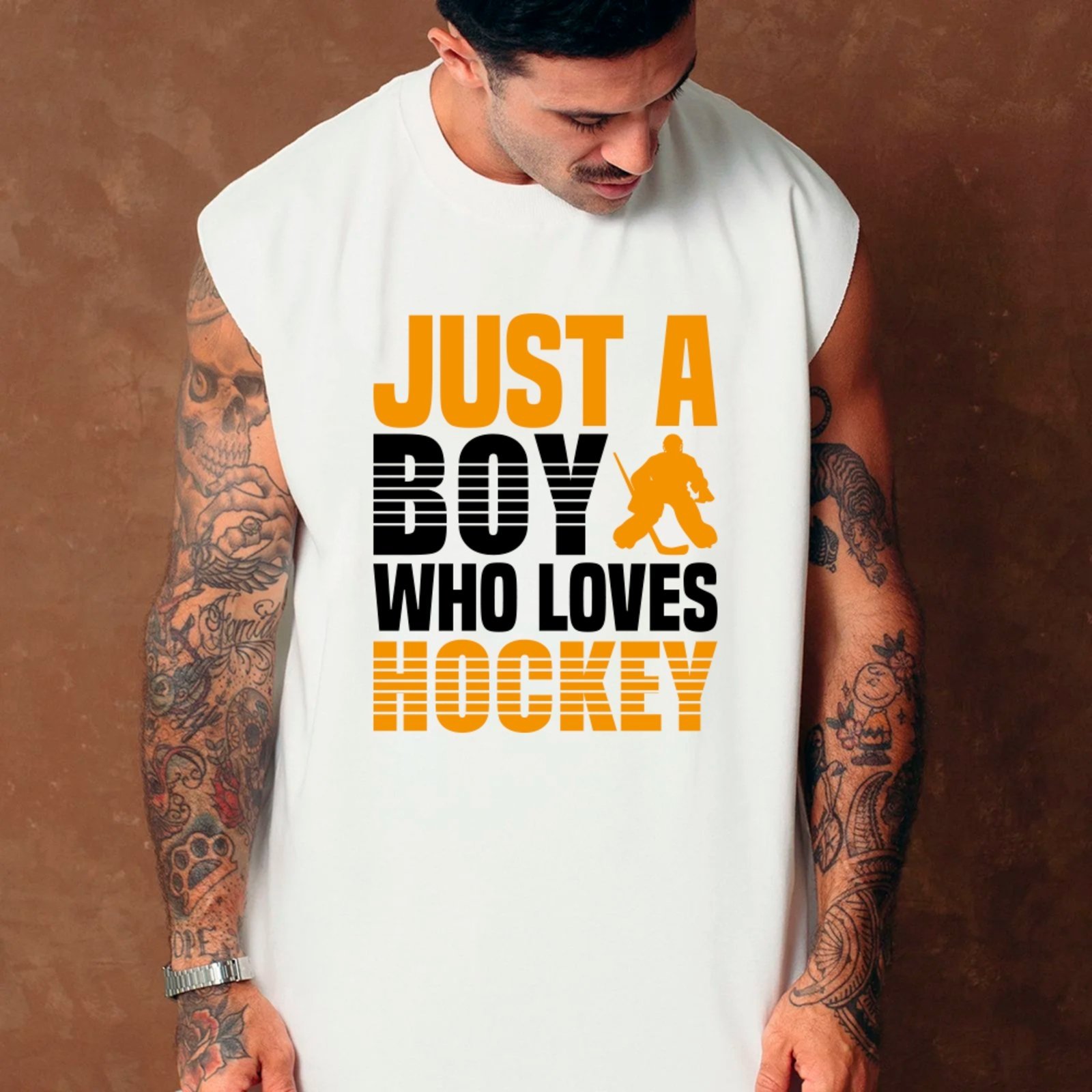Camiseta Regata Machão Ousy Just A Boy Who Loves Hockey Oversized Masculina Branco
