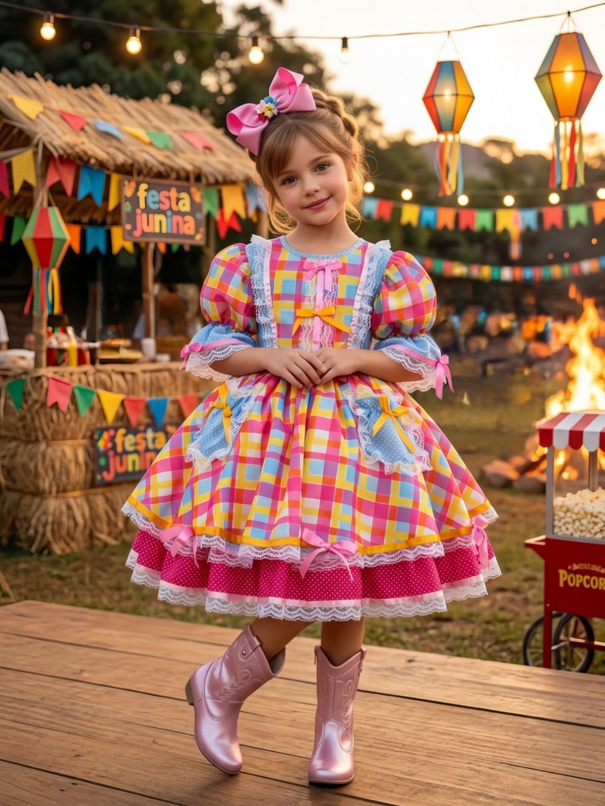 Infantil - Vestido Xadrez Festa Junina Rosa Colorido Junino Caipira Quadrilha Sinhá São João Rodado