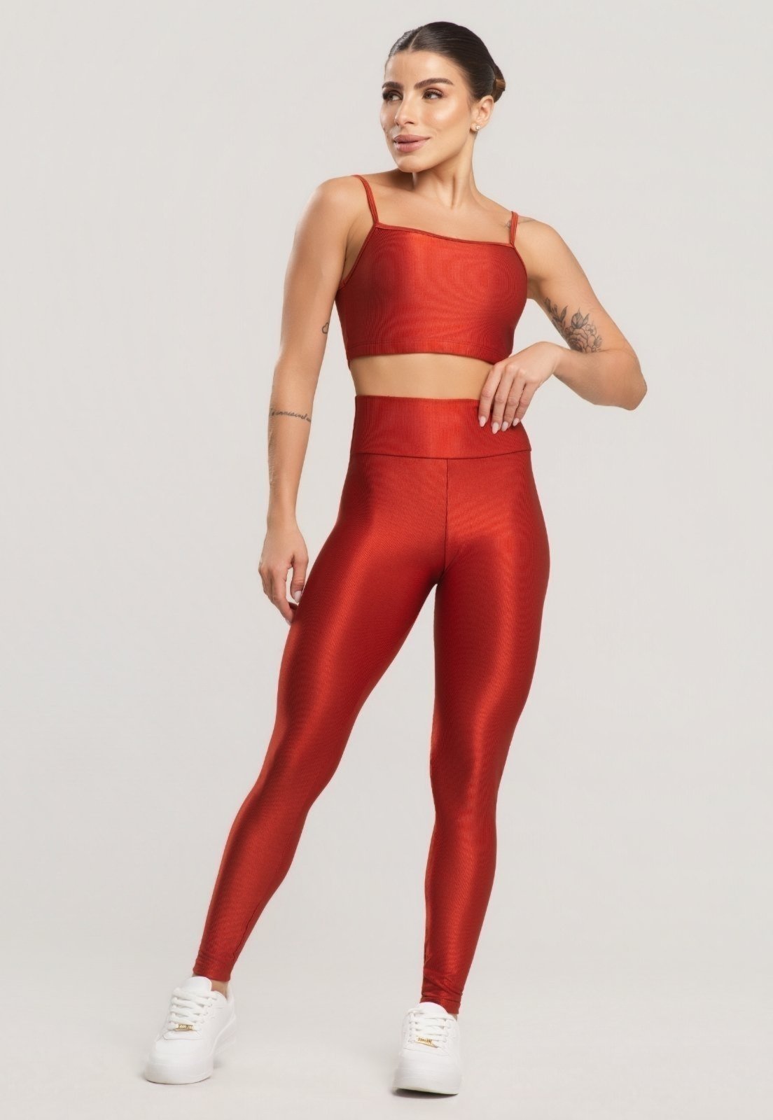 Conjunto WLS Modas Fitness Top e Calça Com Bolso Blackout Alcinha Slim Canelado Sem Transparência Academia Laranja